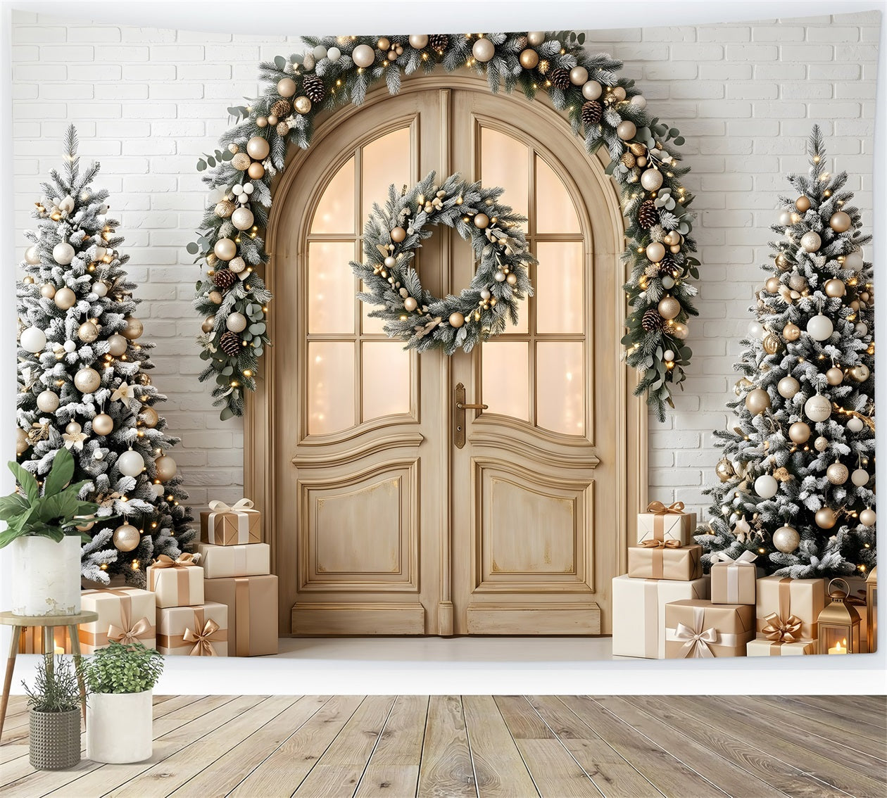 Toile de fond de Noël avec porte cintrée givrée couronne et sapins pour photomaton CEM65-142
