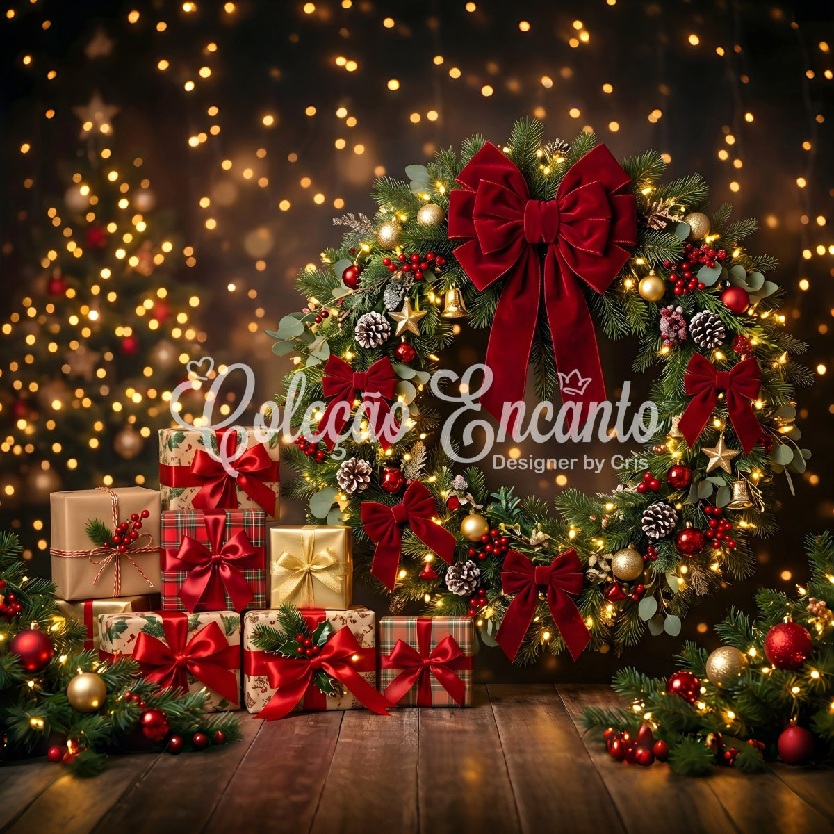 Toile de fond photo de Noël avec couronne à nœud rouge et cadeaux festifs CEM65-143