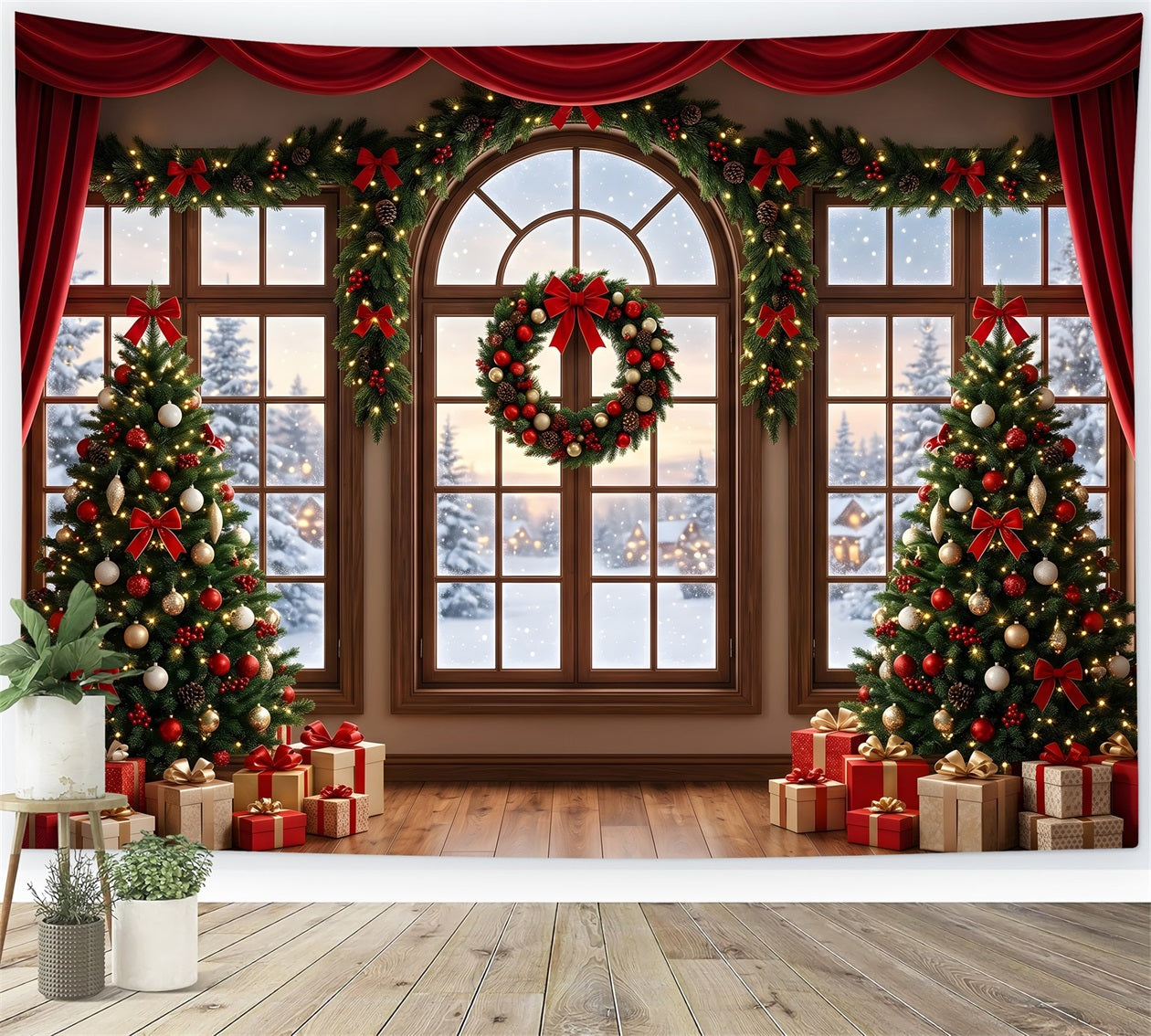 Toile de fond rouge de Noël avec fenêtre drapée couronne et sapins CEM65-145