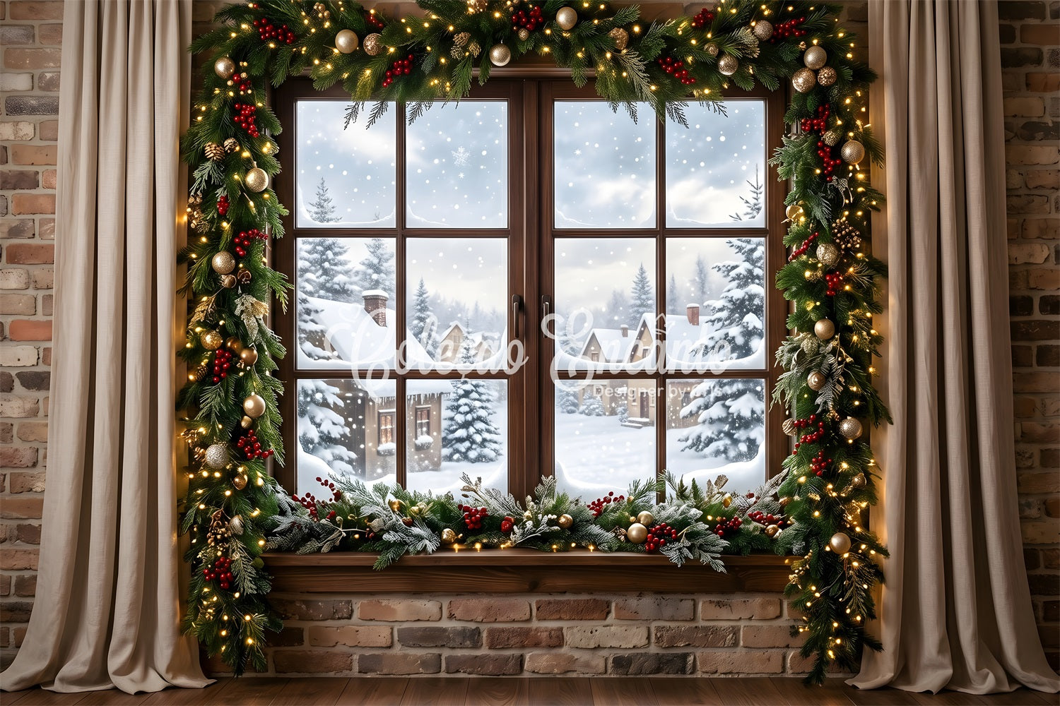 Toile de fond de Noël avec fenêtre sur village enneigé guirlande et rideaux CEM65-146