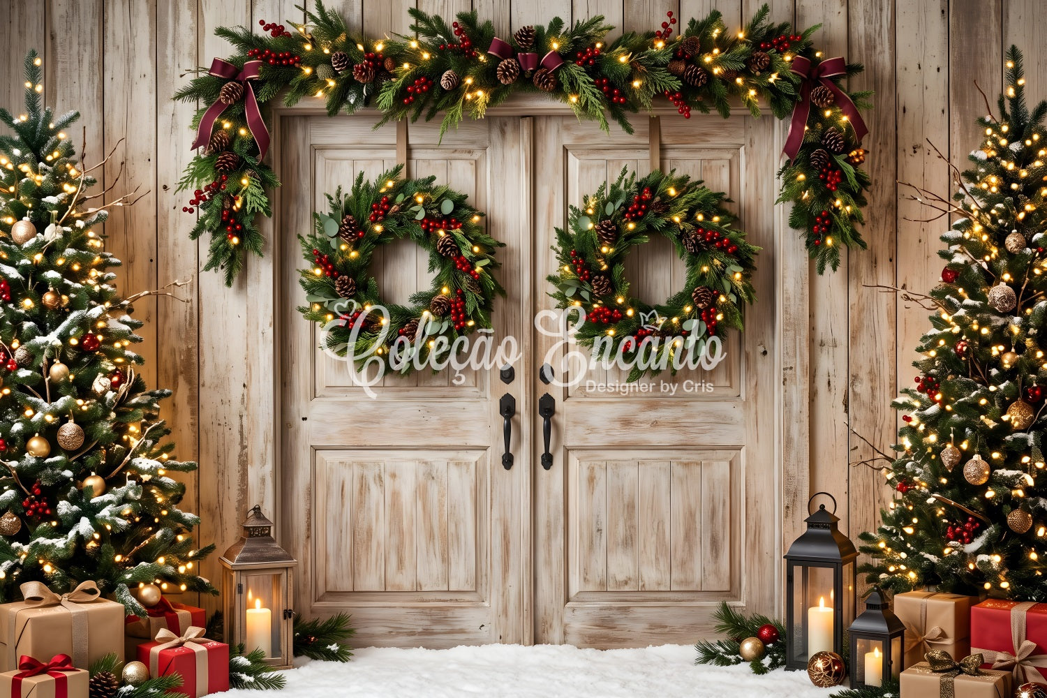 Toile de fond rustique de Noël avec doubles portes couronne et sapins pour séance photo CEM65-147