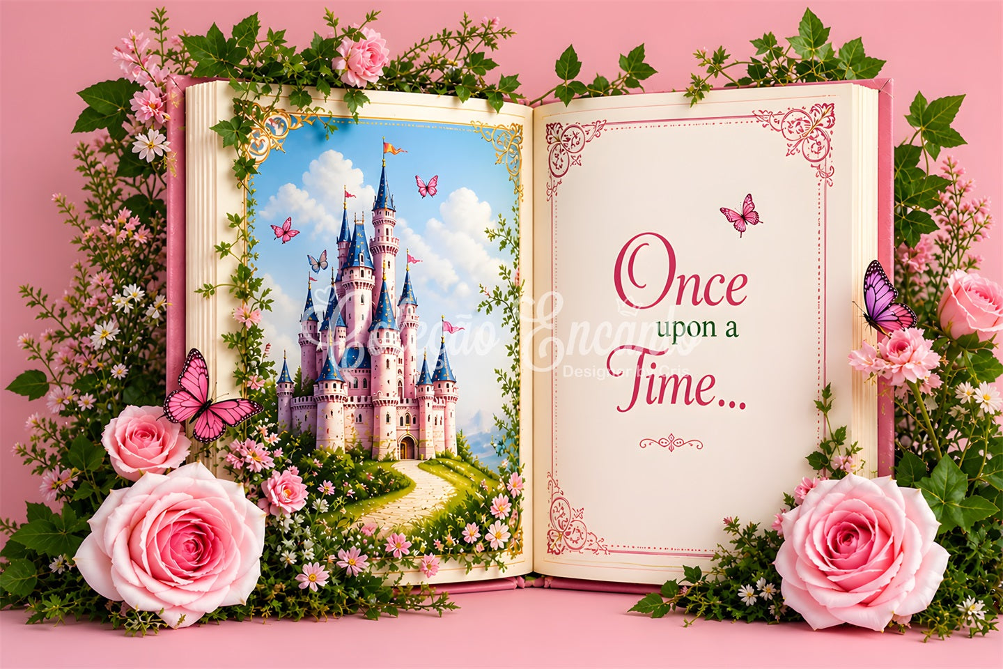 Toile de fond photo pour nouveau-né et enfant avec château féerique livre de contes et roses CEM65-15