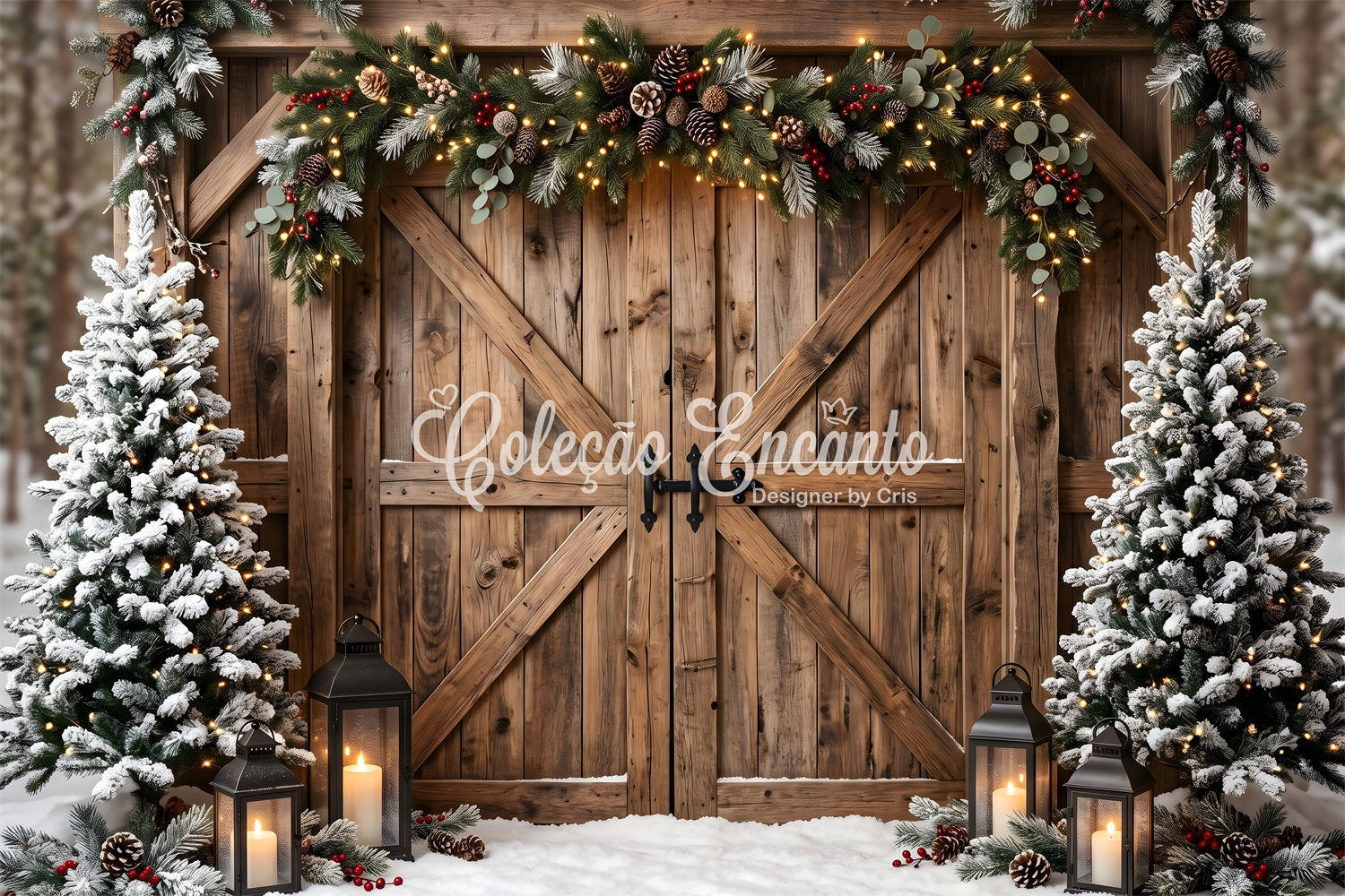 Toile de fond hivernale de Noël avec portail de grange rustique guirlande et lanternes CEM65-150