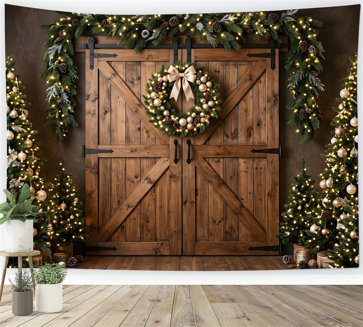 Toile de fond de Noël avec portes de grange couronne dorée et sapins CEM65-152
