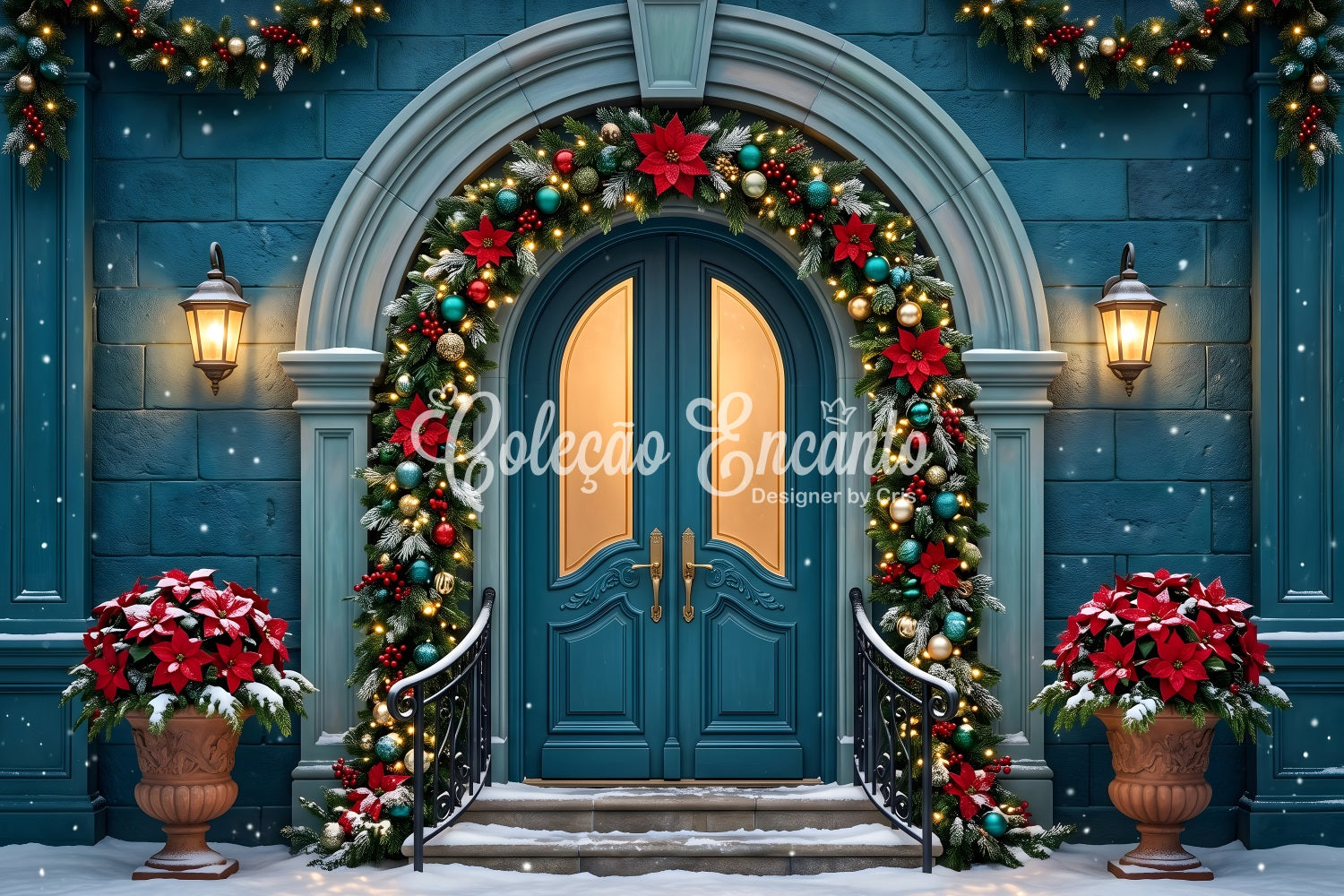 Toile de fond de Noël avec porte cintrée bleu sarcelle poinsettias et guirlande CEM65-153
