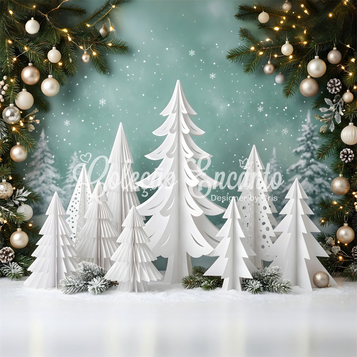 Toile de fond photo de Noël avec forêt de pins en papier blanc et ornements CEM65-154