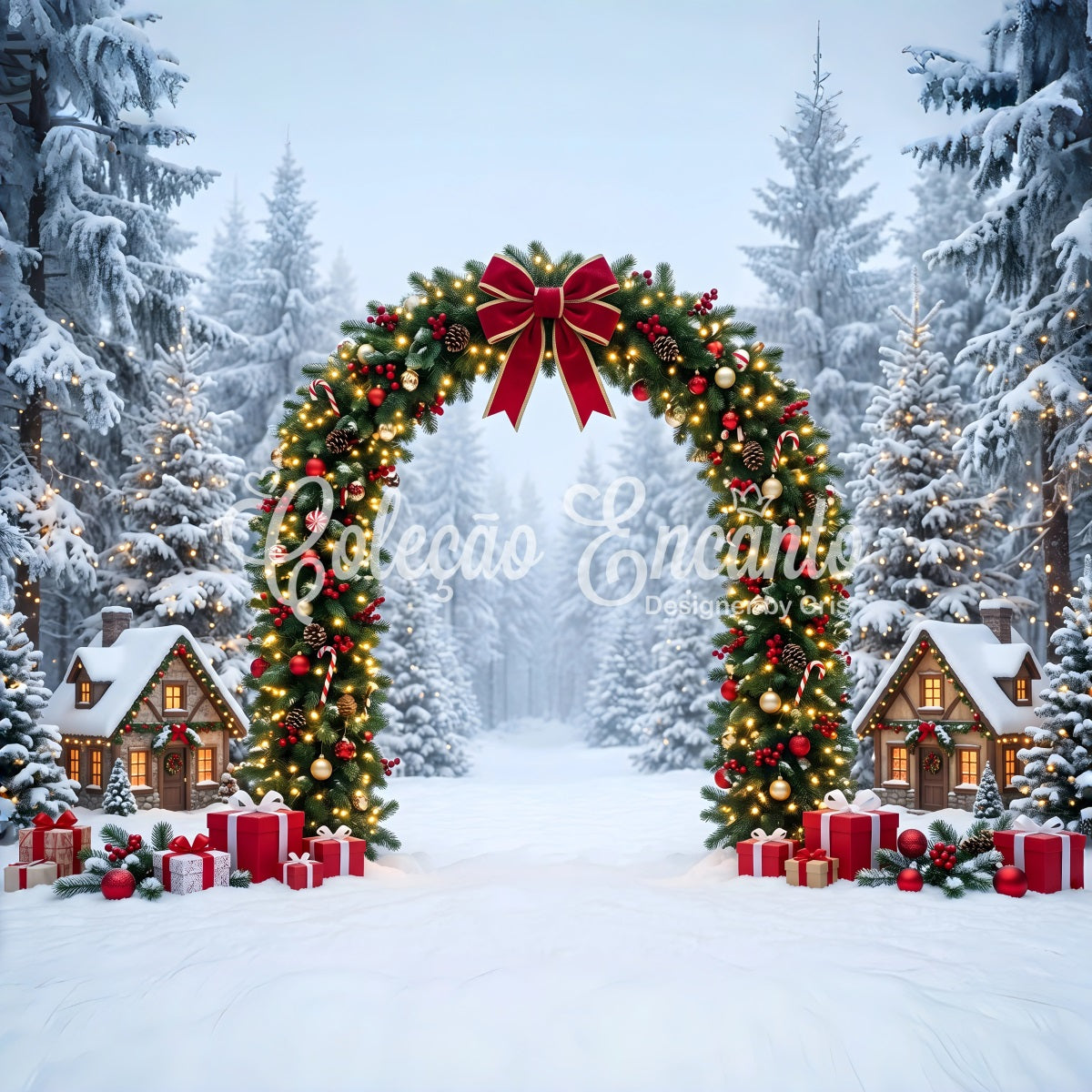 Toile de fond de Noël au pays des merveilles hivernal avec forêt enneigée et arche de village CEM65-158