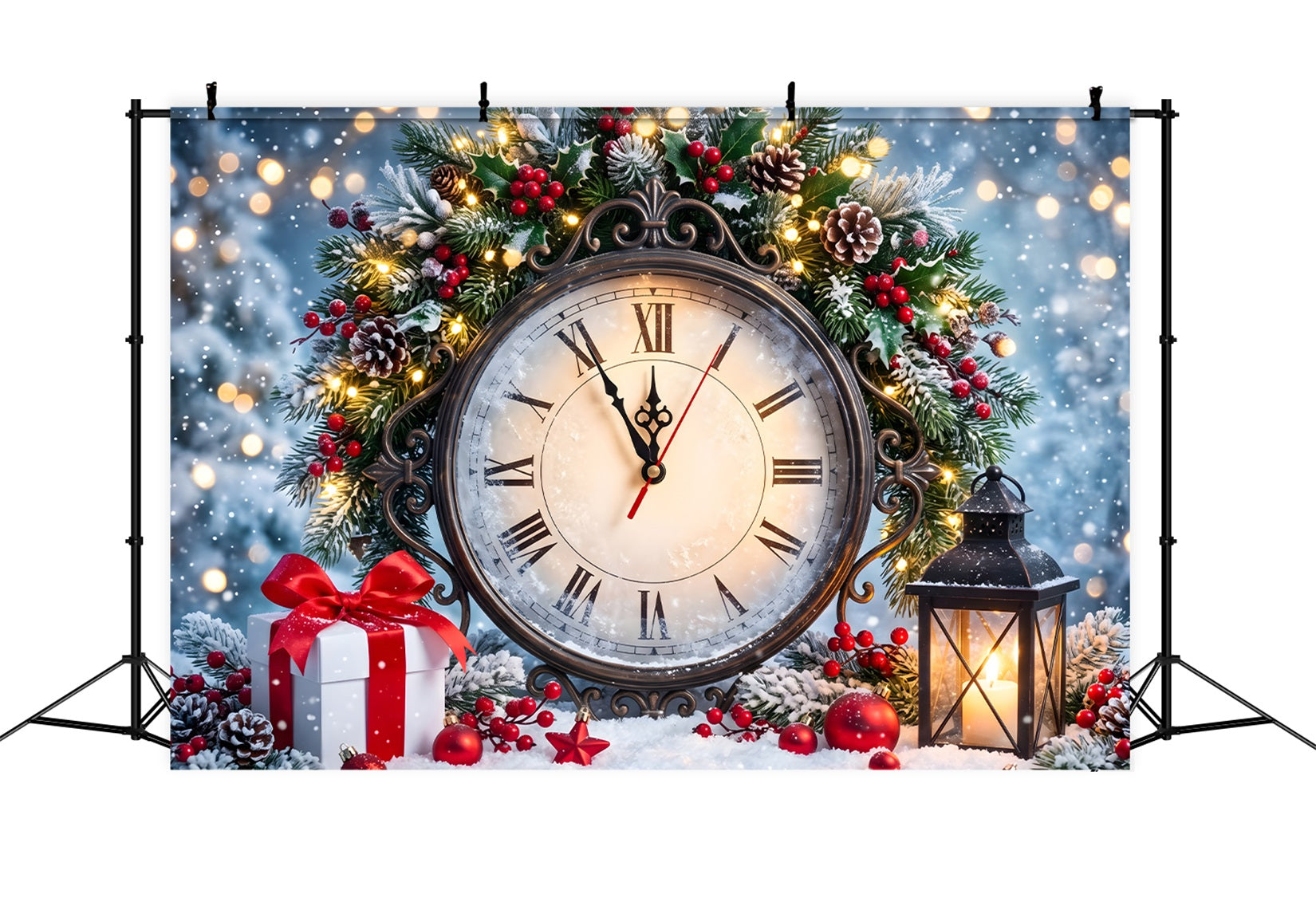Toile de fond de Noël rétro pour photomaton avec horloge romaine houx et lanterne CEM65-159