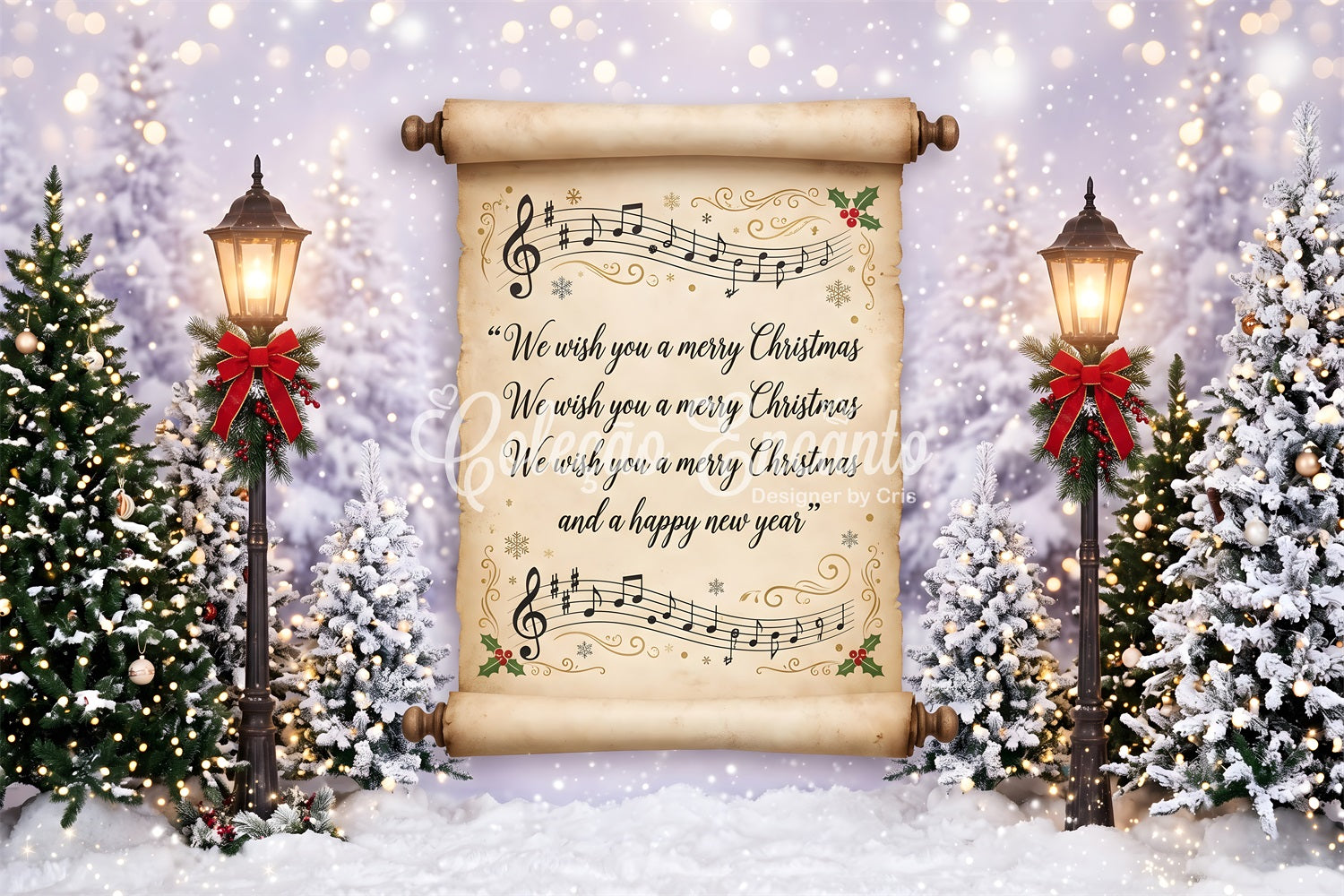 Toile de fond Joyeux Noël avec ancien chant sur parchemin et lanternes enneigées CEM65-160