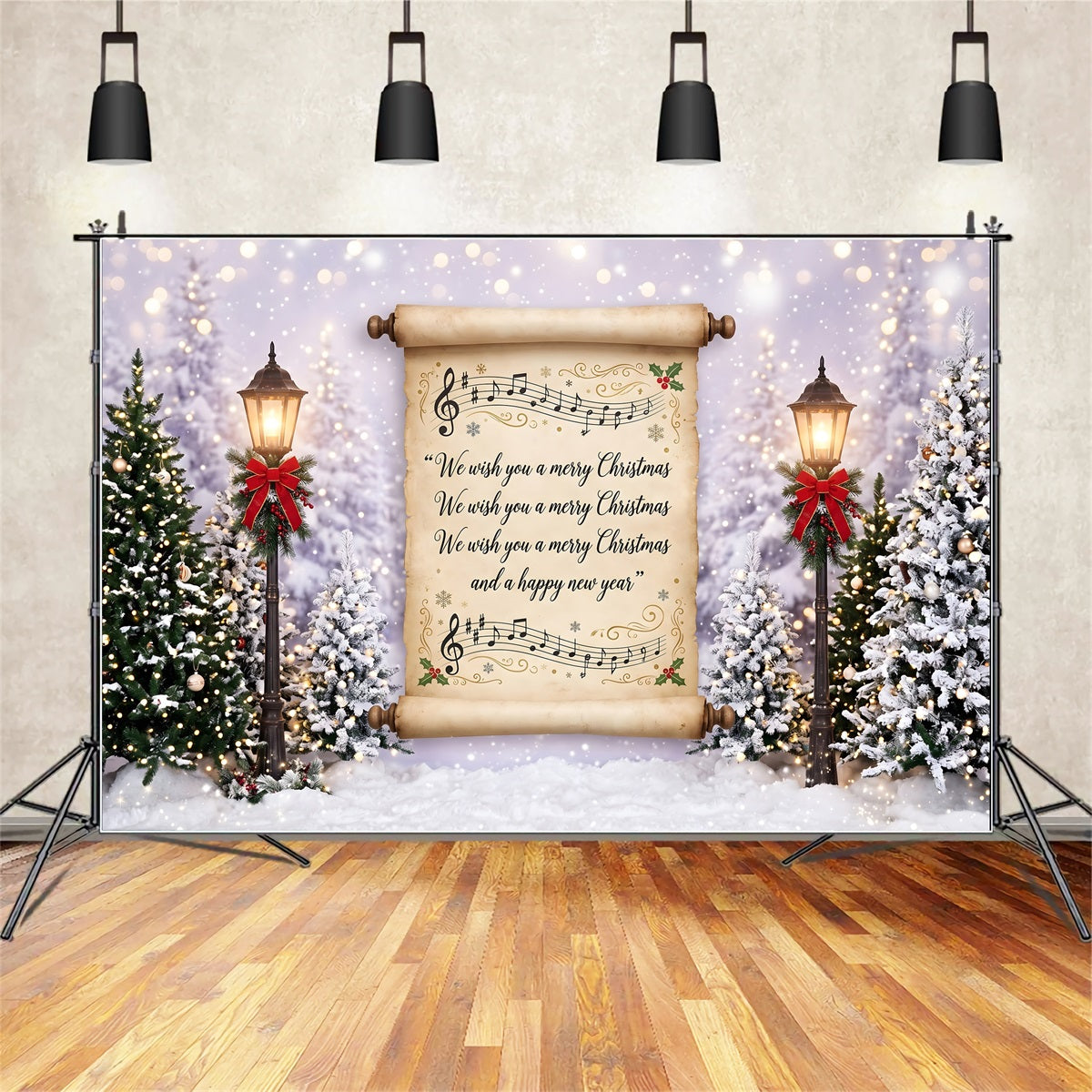 Toile de fond Joyeux Noël avec ancien chant sur parchemin et lanternes enneigées CEM65-160