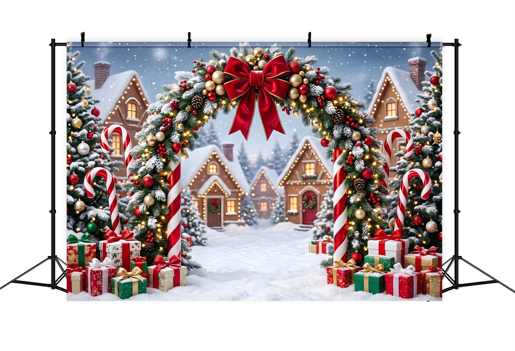 Toile de fond de Noël champêtre avec arche de bonbons maison et lumières festives CEM65-162
