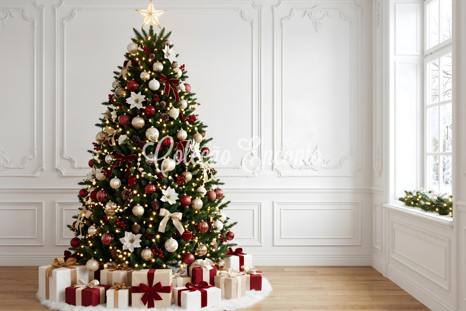 Toile de fond intérieure de Noël avec poinsettias élégants sapin et cadeaux CEM65-163