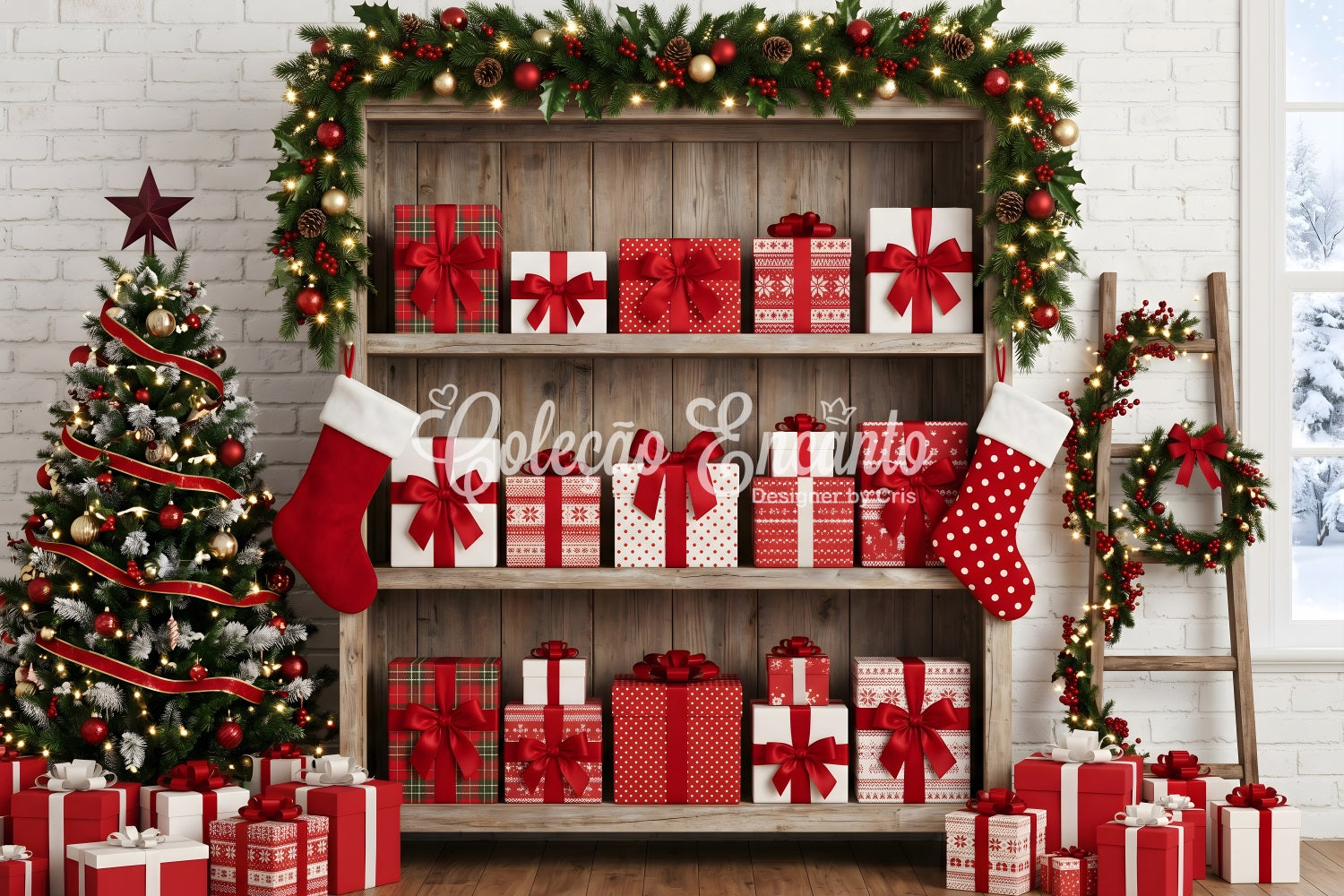 Toile de fond sur le thème de Noël avec étagère de cadeaux et bas festifs CEM65-165