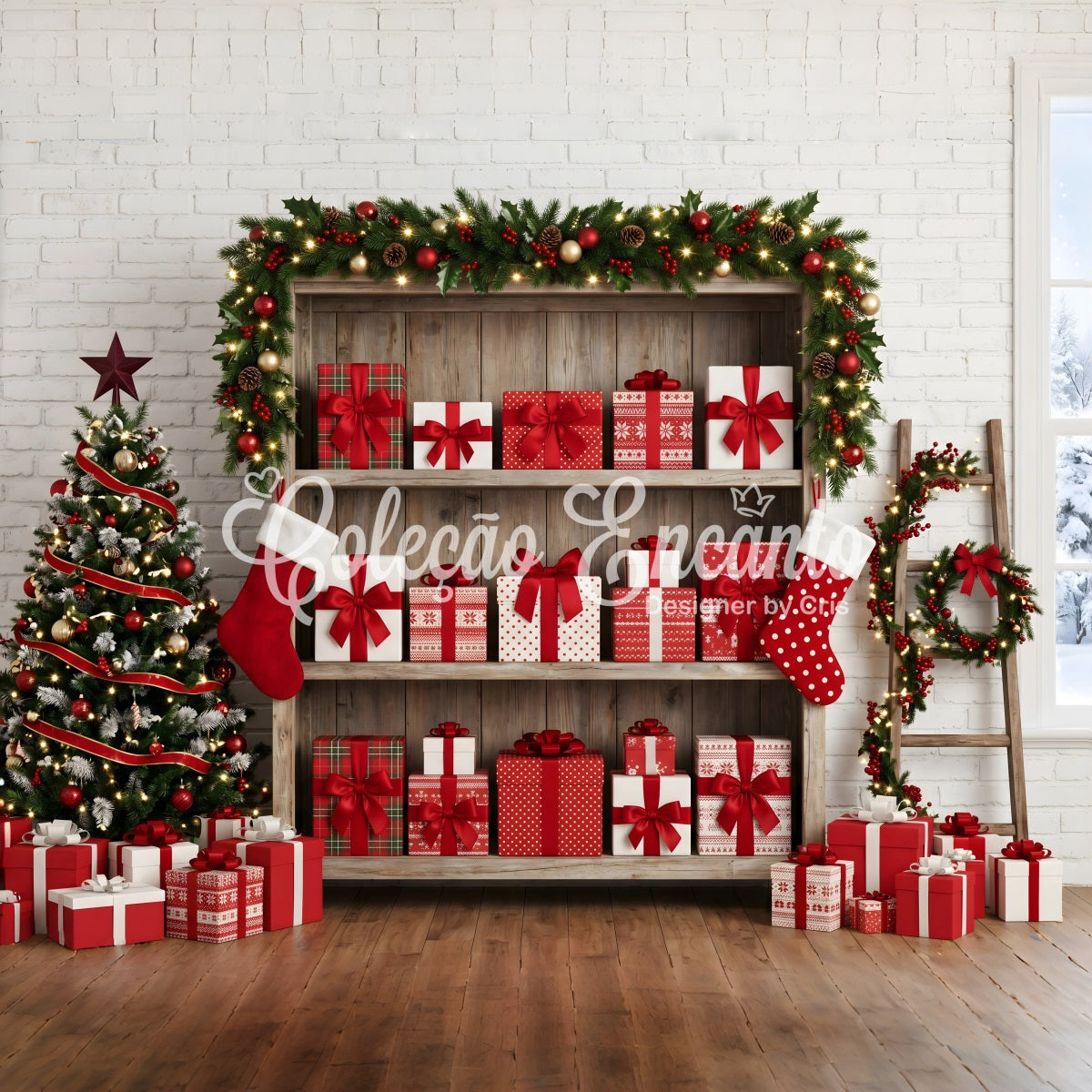 Toile de fond sur le thème de Noël avec étagère de cadeaux et bas festifs CEM65-165