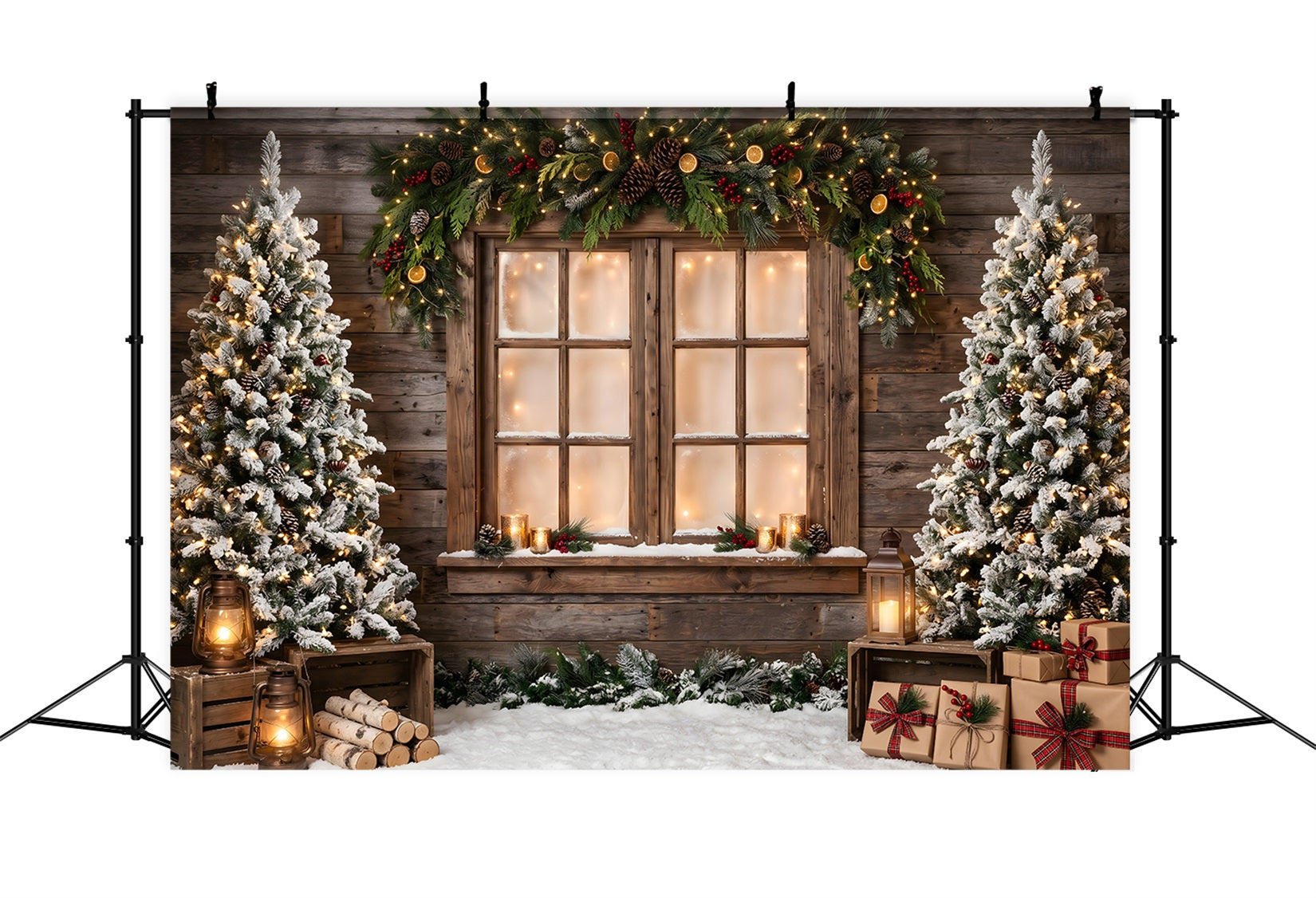 Toile de fond de Noël avec fenêtre rustique guirlande lanterne et cadeaux pour photomaton CEM65-168