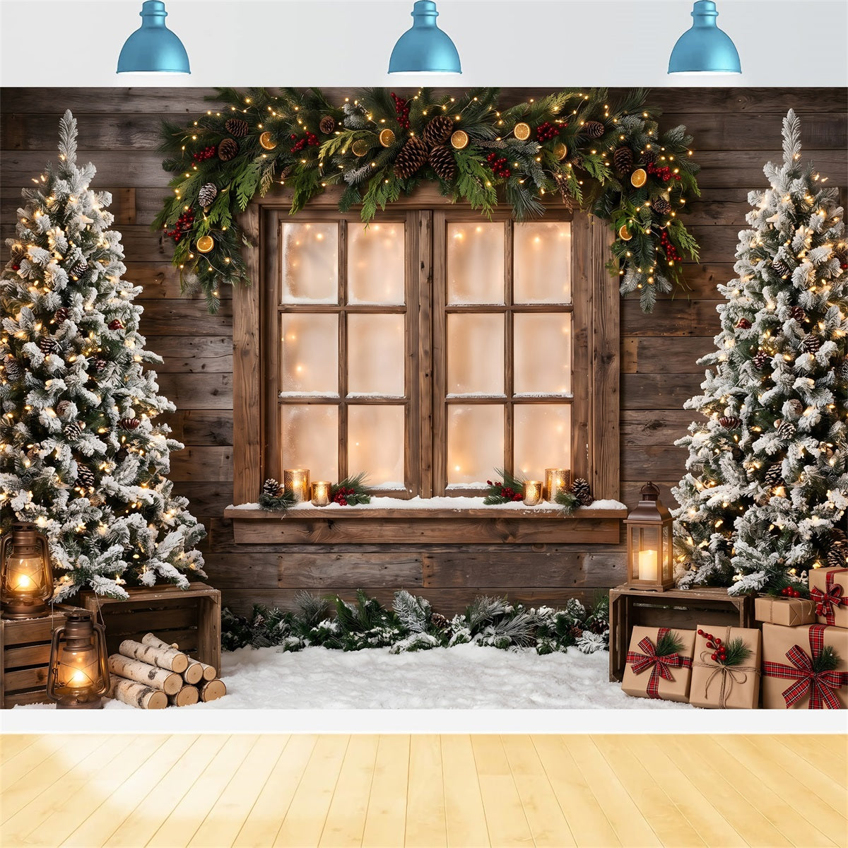 Toile de fond de Noël avec fenêtre rustique guirlande lanterne et cadeaux pour photomaton CEM65-168