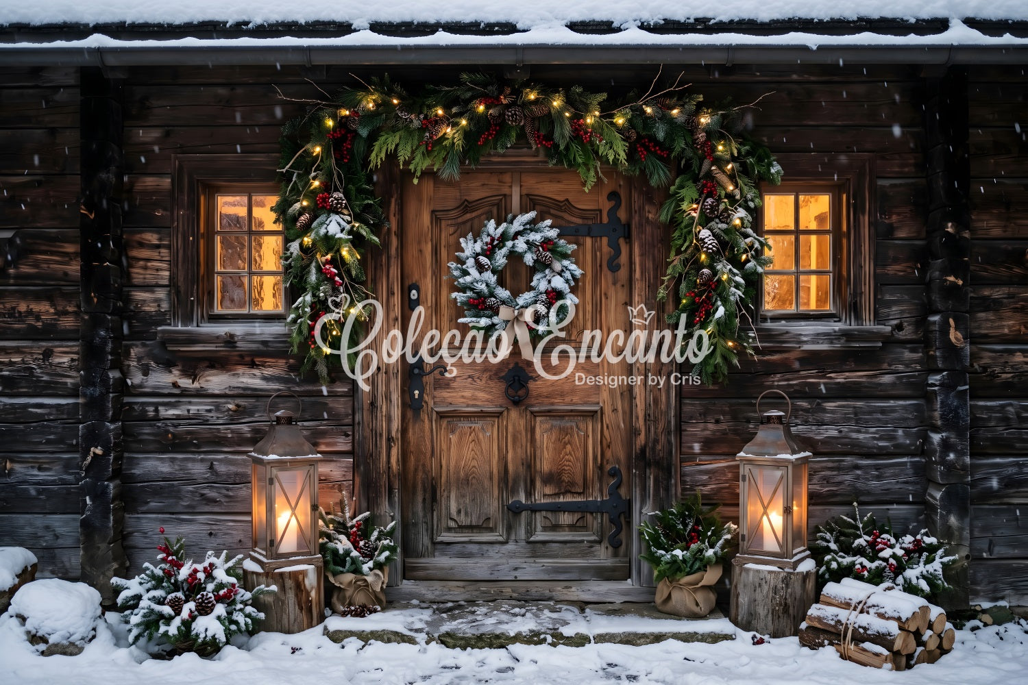 Toile de fond de Noël avec porte de chalet rustique enneigé et lanternes pour studio CEM65-178