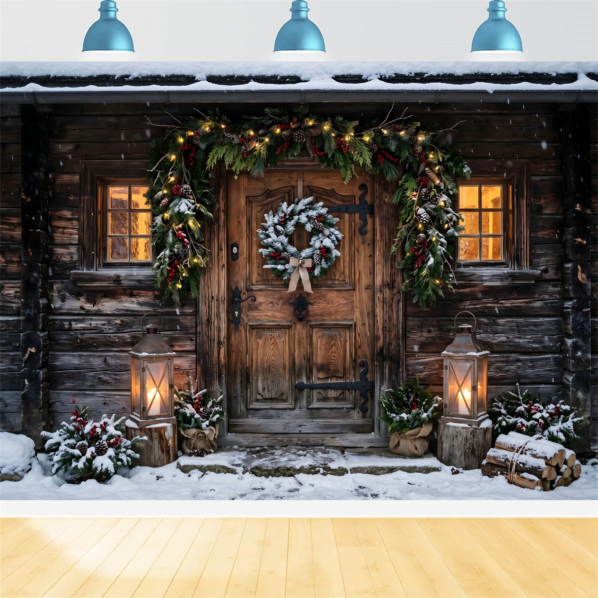Toile de fond de Noël avec porte de chalet rustique enneigé et lanternes pour studio CEM65-178