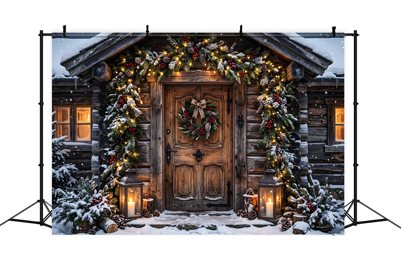 Toile de fond de village de Noël avec entrée de chalet en rondins givrée et guirlande CEM65-179