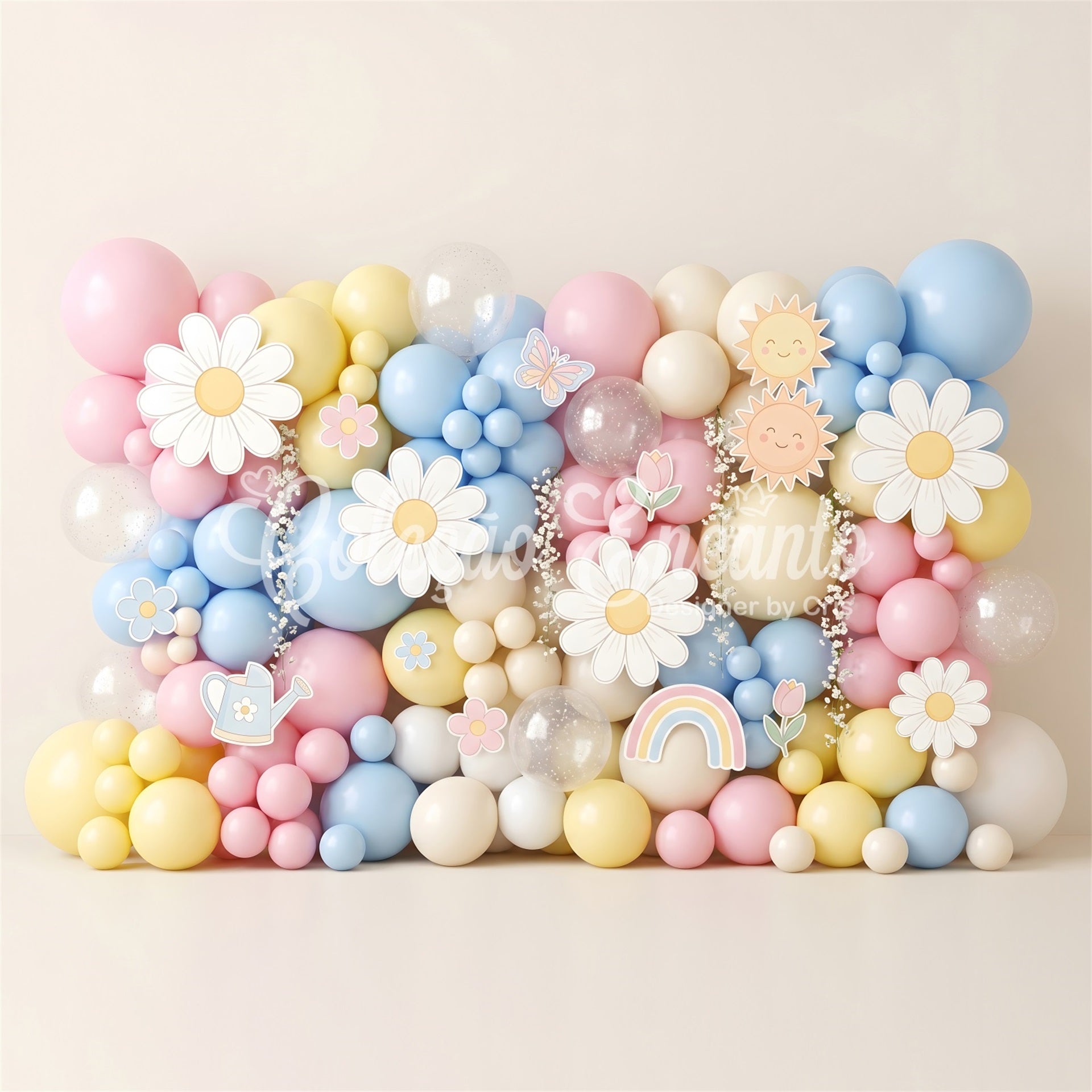 Toile de fond photo pour nouveau-né avec marguerites pastel soleil ballons et décor festif CEM65-18