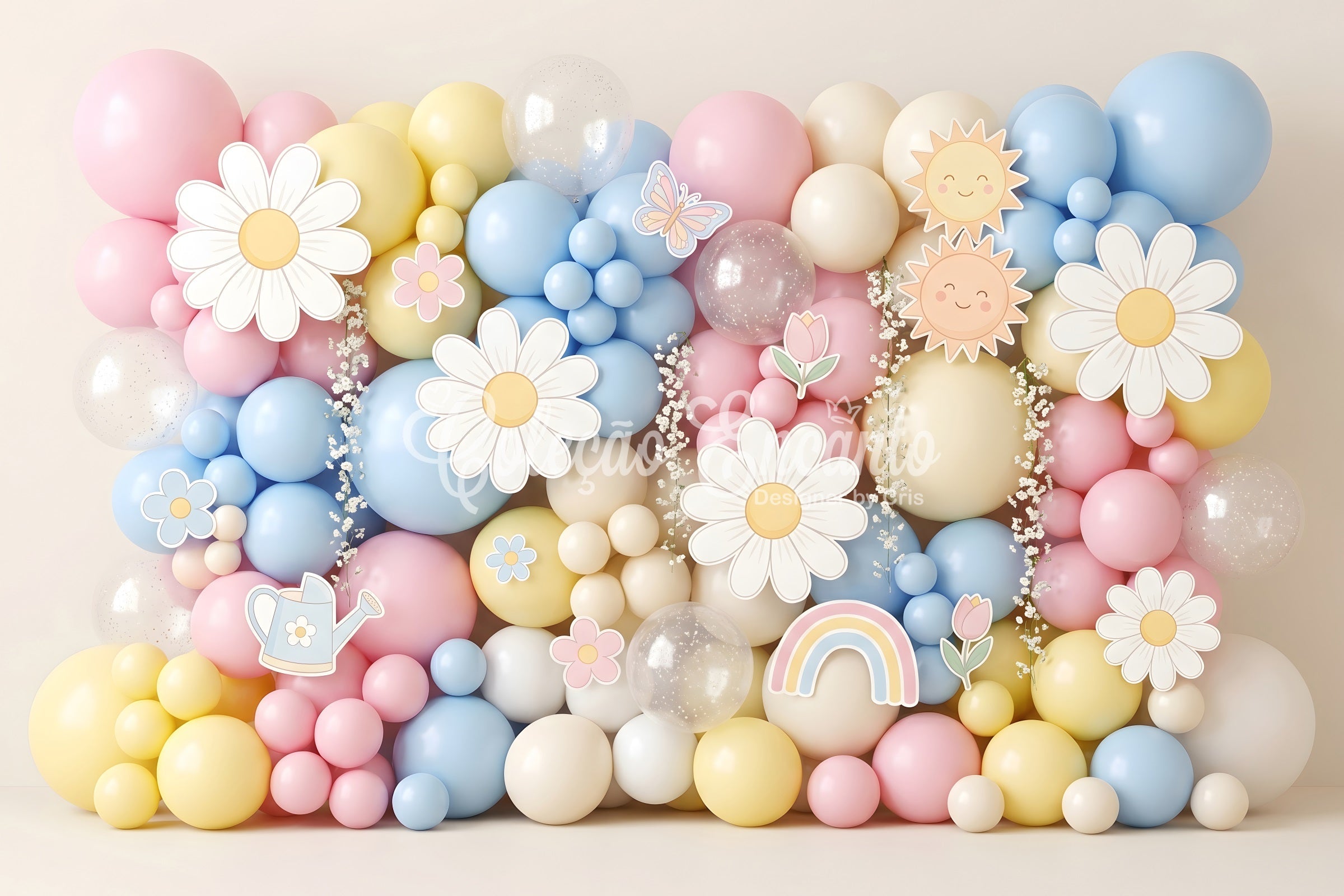 Toile de fond photo pour nouveau-né avec marguerites pastel soleil ballons et décor festif CEM65-18