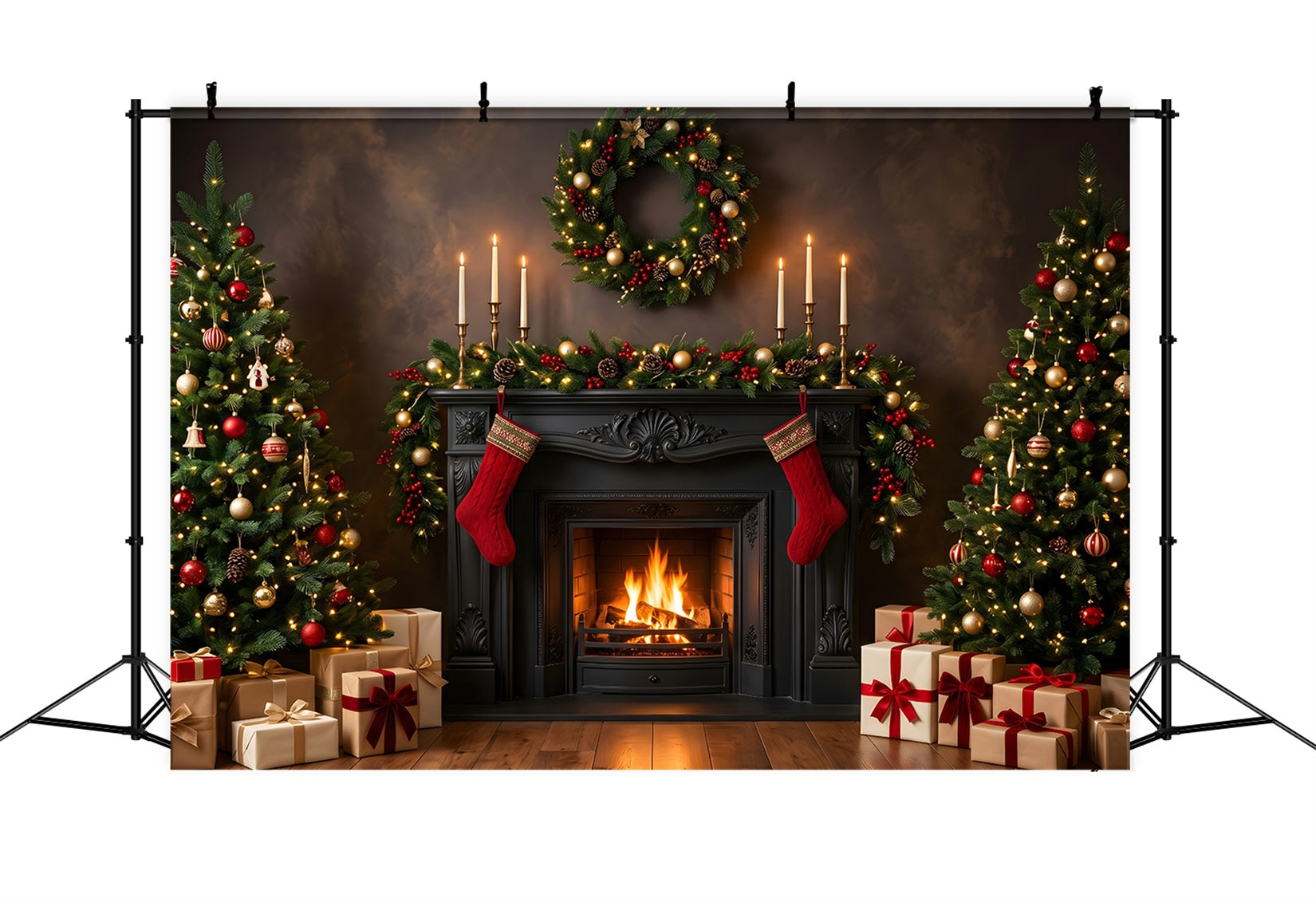 Toile de fond de Noël avec cheminée noire bougies et bas suspendus pour séance photo CEM65-184