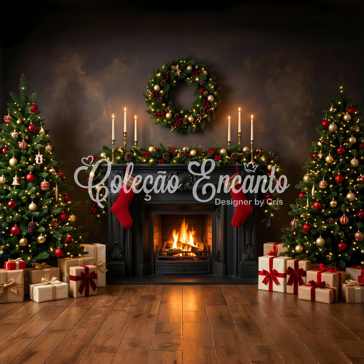 Toile de fond de Noël avec cheminée noire bougies et bas suspendus pour séance photo CEM65-184