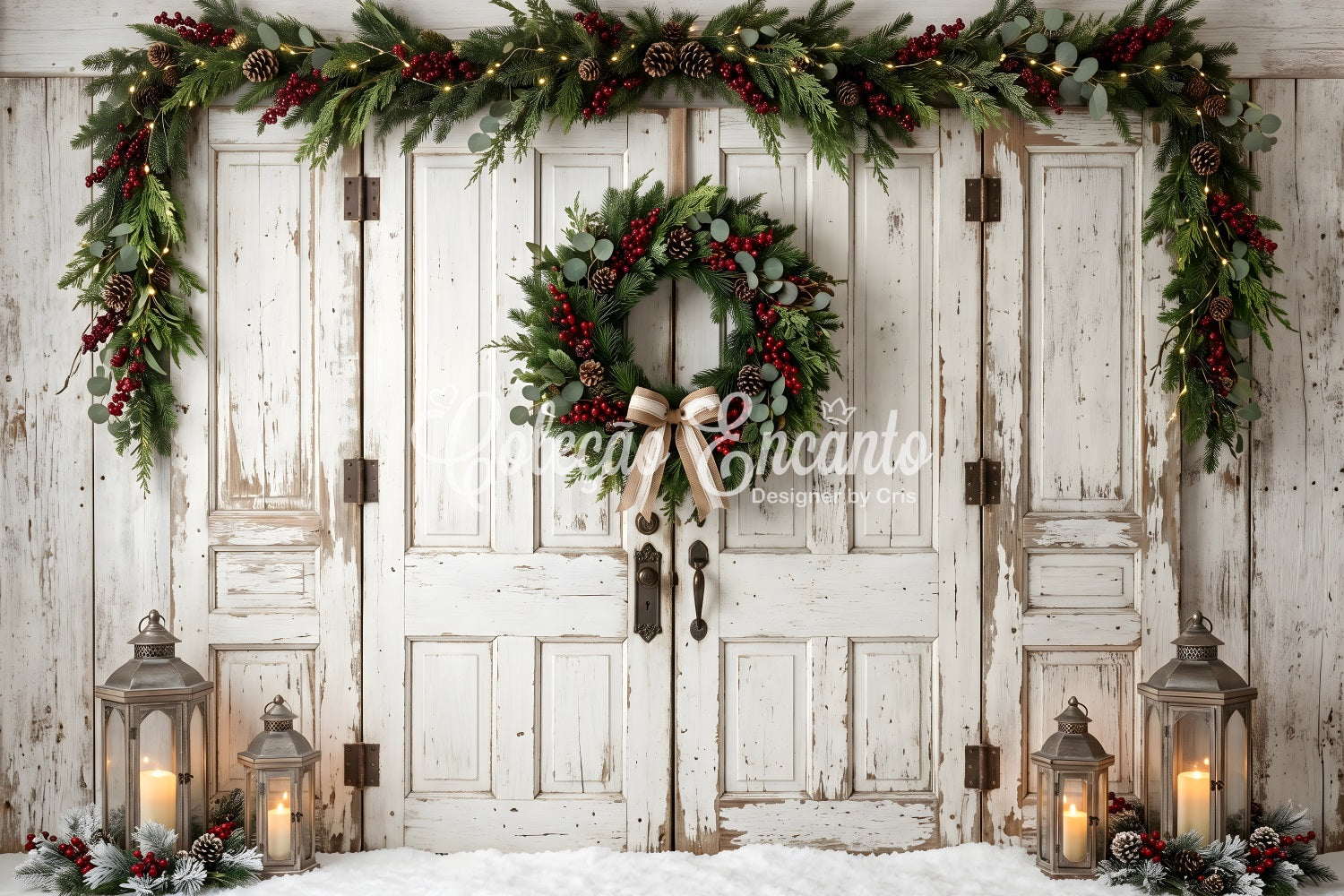 Toile de fond de Noël format 10 × 20 avec ancienne porte blanche nœud et couronne pour photomaton CEM65-187