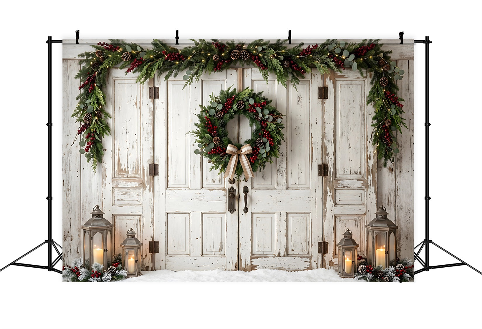 Toile de fond de Noël format 10 × 20 avec ancienne porte blanche nœud et couronne pour photomaton CEM65-187