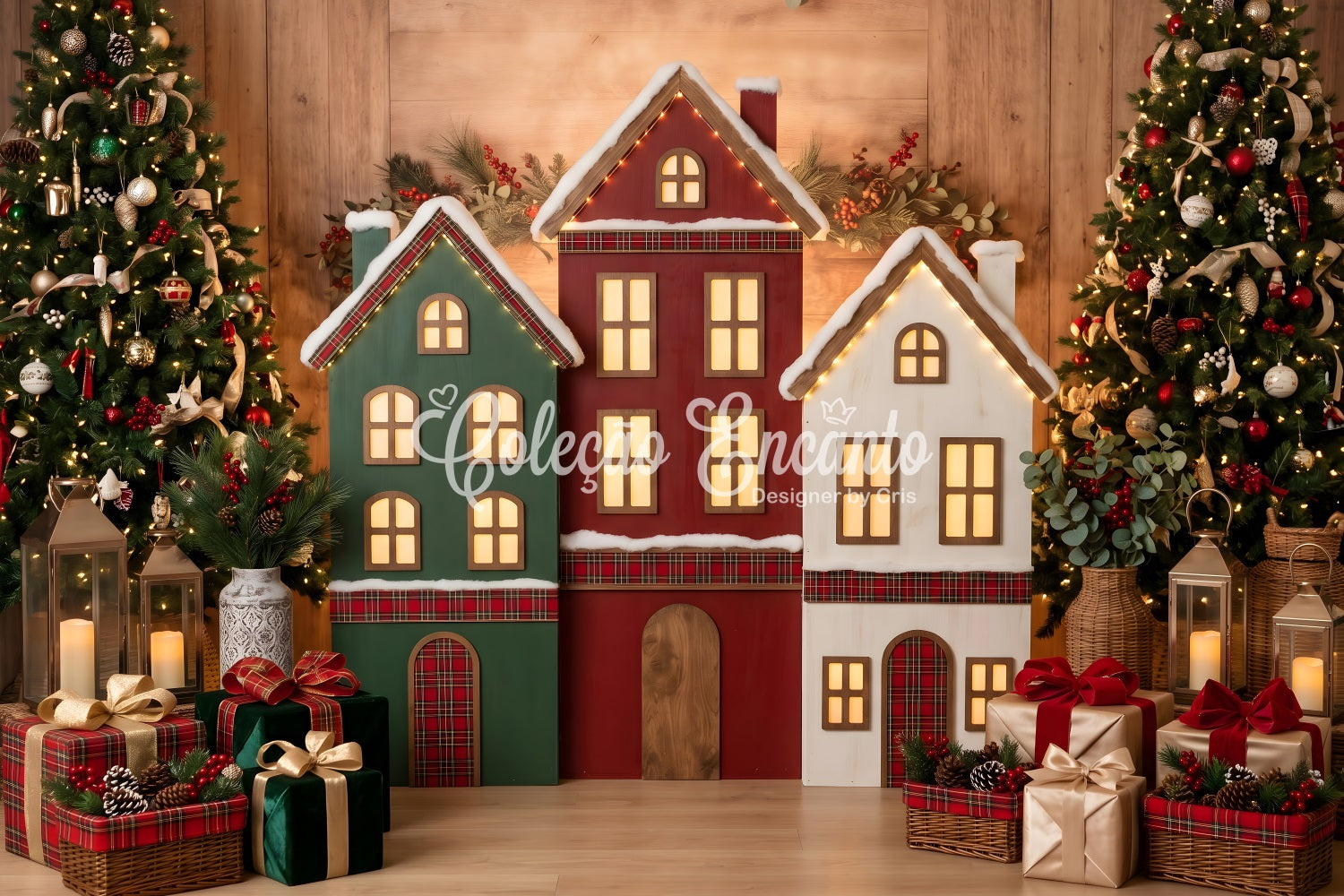 Toile de fond de Noël avec ornements maisons à carreaux et sapins lumineux CEM65-191