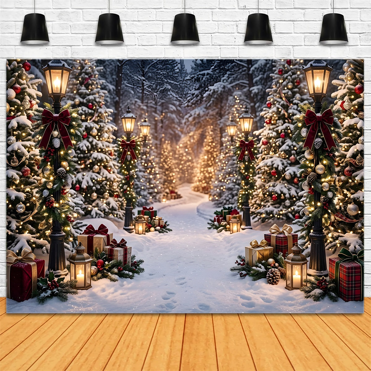 Toile de fond extérieure de Noël avec lanternes enneigées forêt et chemin de cadeaux CEM65-193