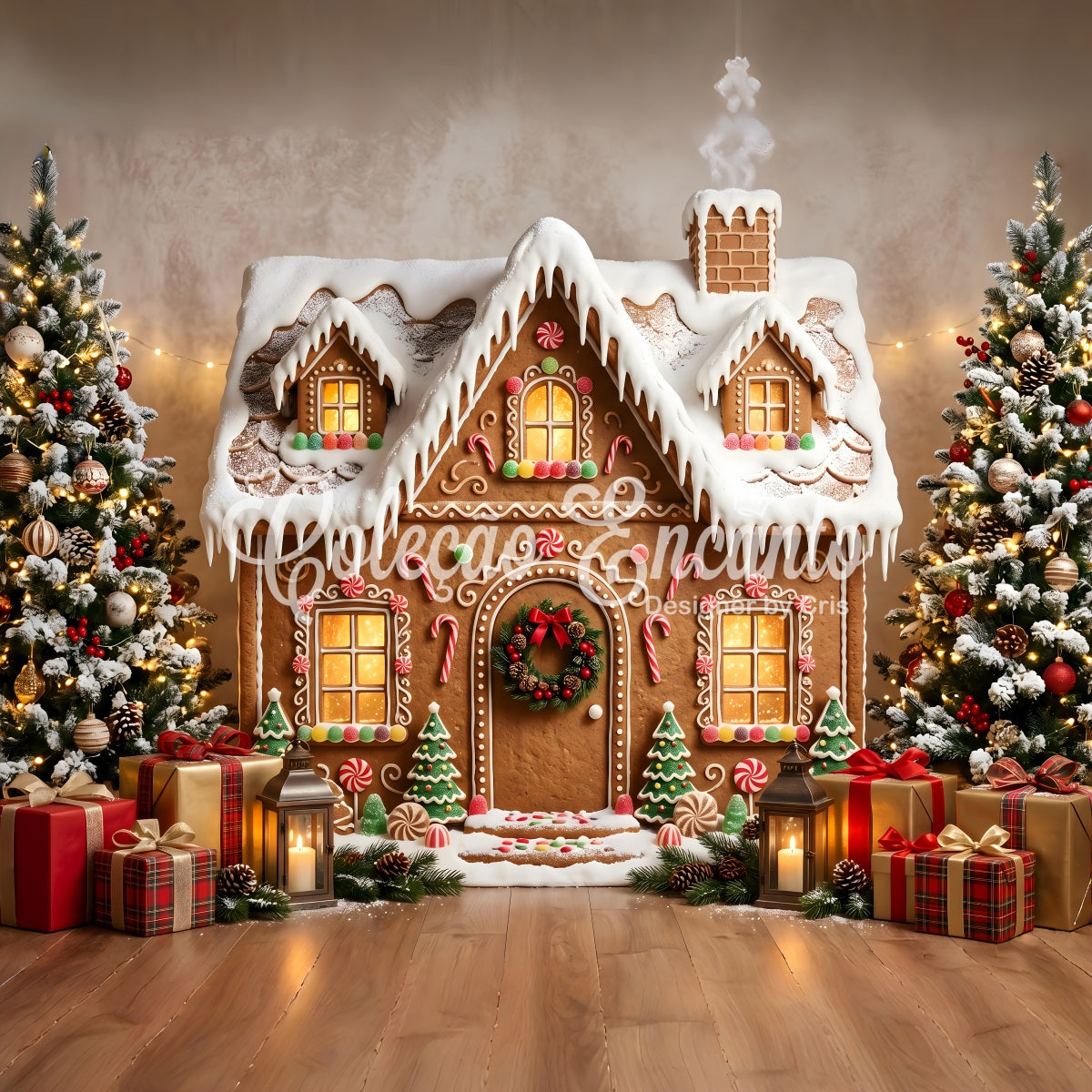 Toile de fond de Noël en pain d’épices avec maison enneigée et cadeaux CEM65-198