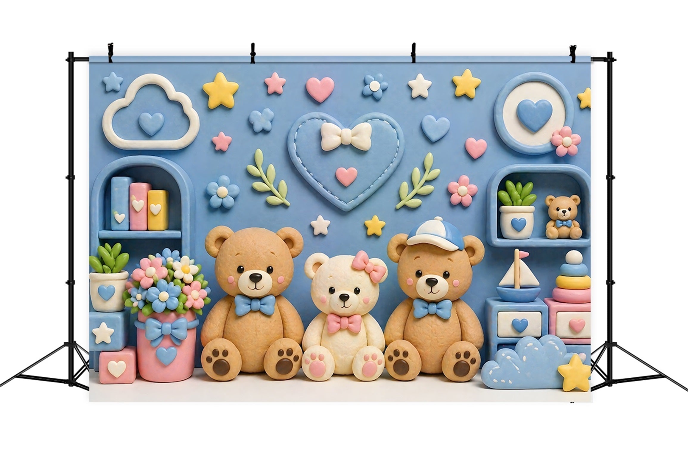 Toile de fond pour enfant et nouveau-né avec mur de chambre et ours en peluche pastel CEM65-2