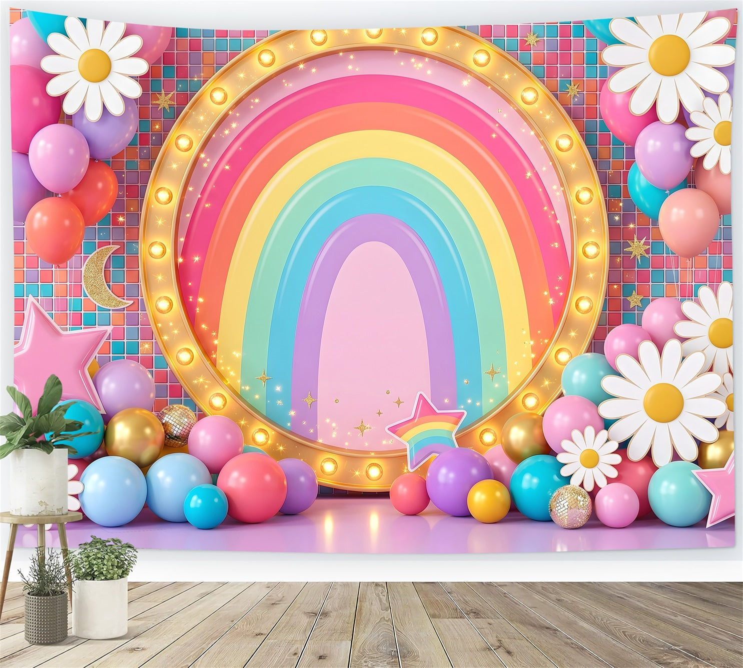 Toile de fond pour enfant et nouveau-né avec arc-en-ciel lumineux marguerites et ballons CEM65-20