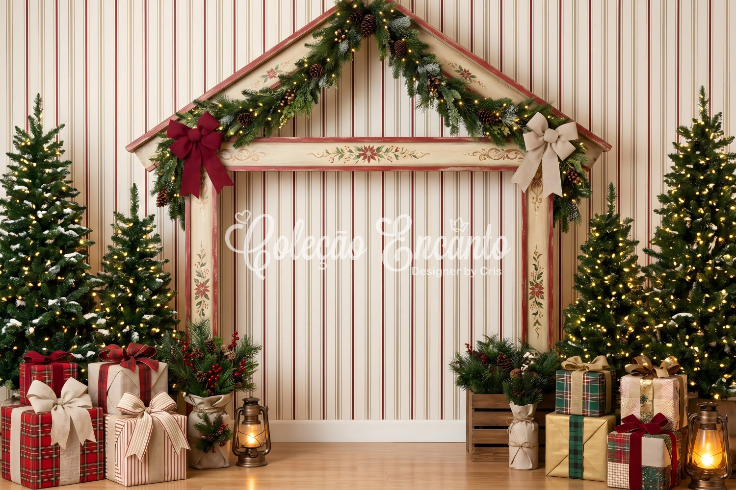 Toile de fond murale de Noël avec étal de marché rayé et décor festif CEM65-201