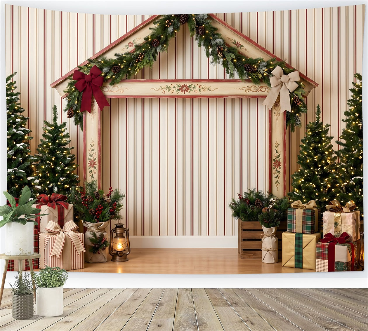 Toile de fond murale de Noël avec étal de marché rayé et décor festif CEM65-201