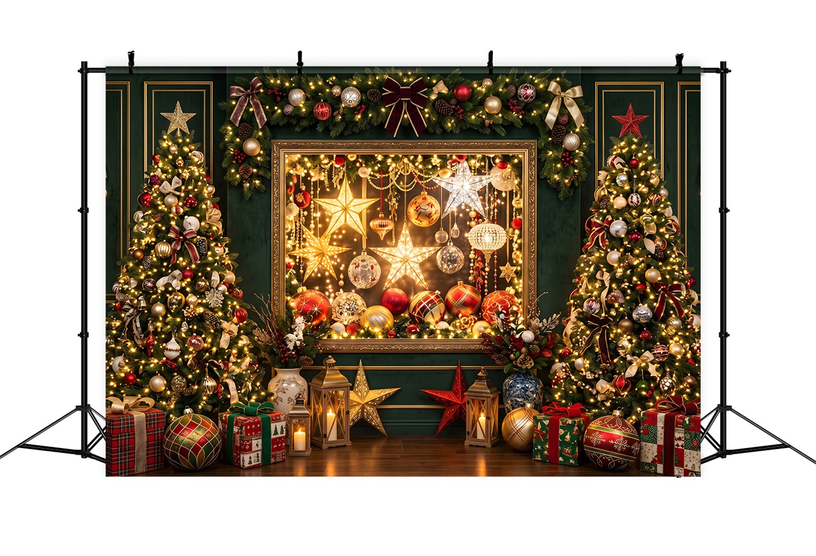 Toile de fond lumineuse de Noël avec galerie d’ornements émeraude et sapin CEM65-202