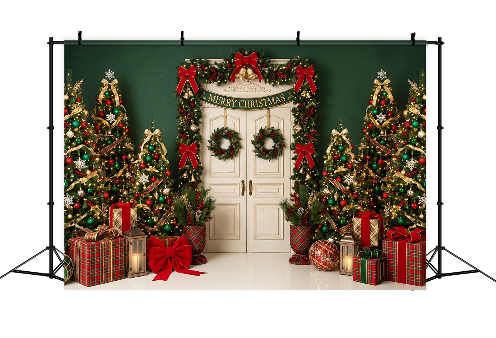 Toile de fond de Noël format 10 × 8 avec entrée émeraude et sapin festif CEM65-206