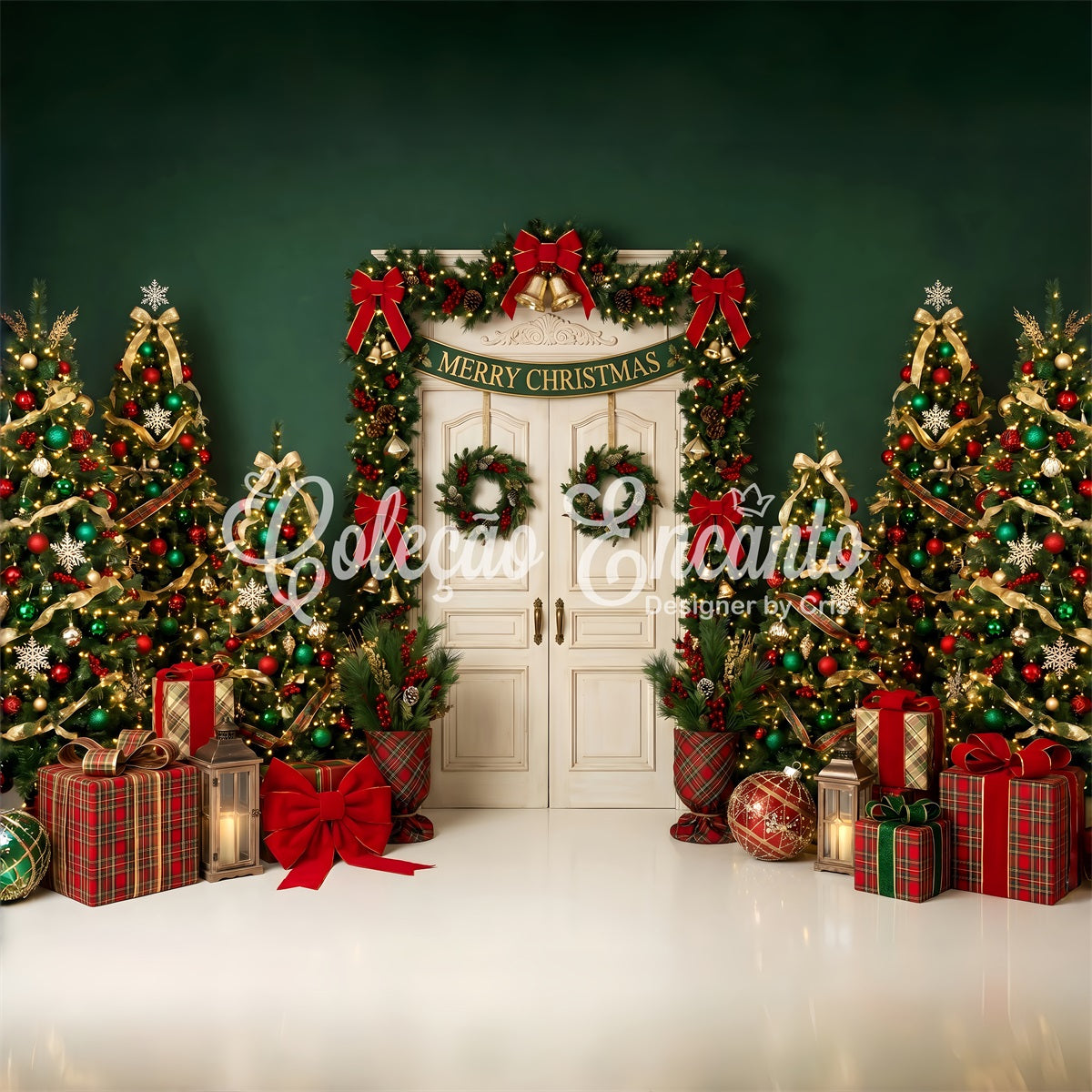 Toile de fond de Noël format 10 × 8 avec entrée émeraude et sapin festif CEM65-206