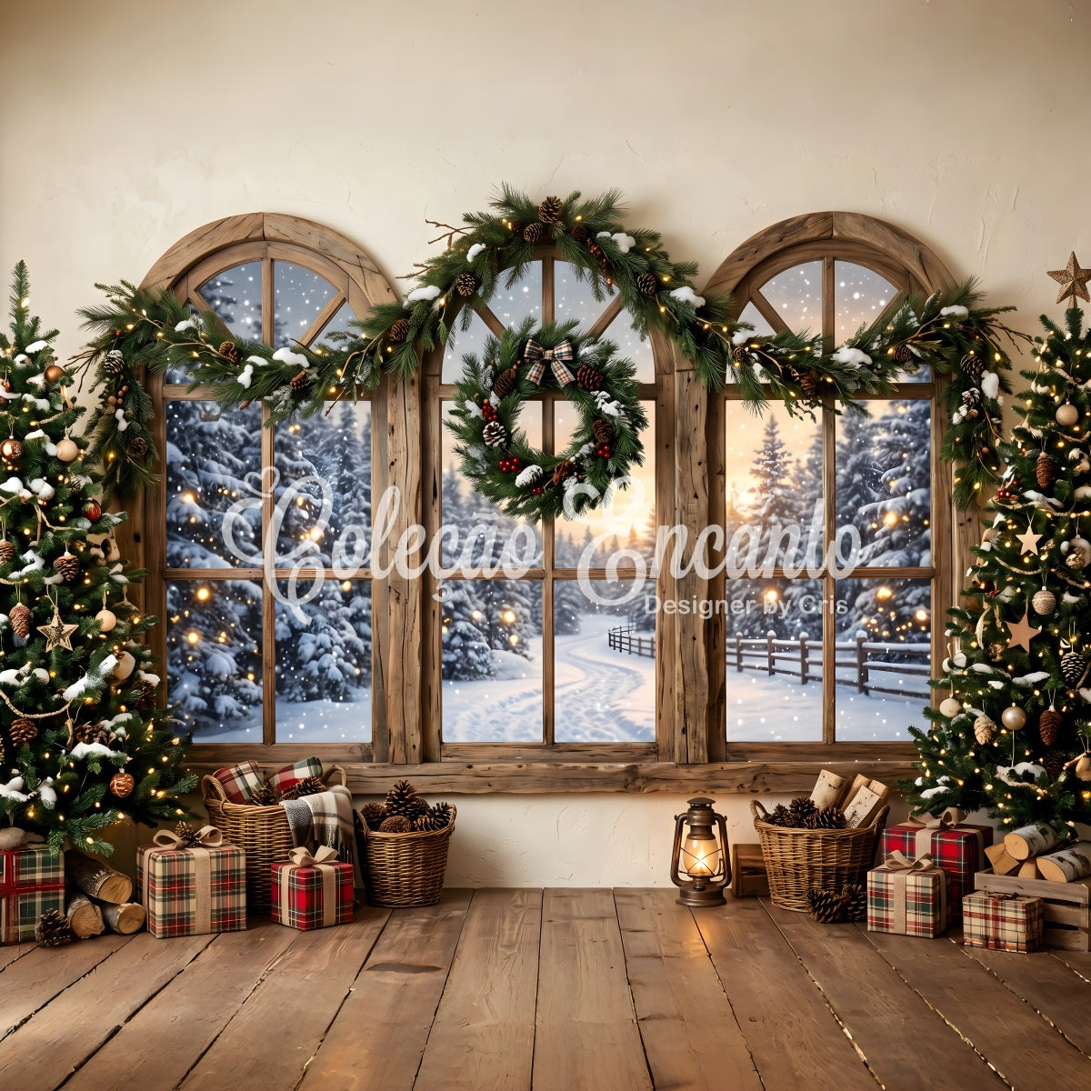 Toile de fond rustique de Noël avec fenêtre enneigée couronne et décor photo CEM65-207