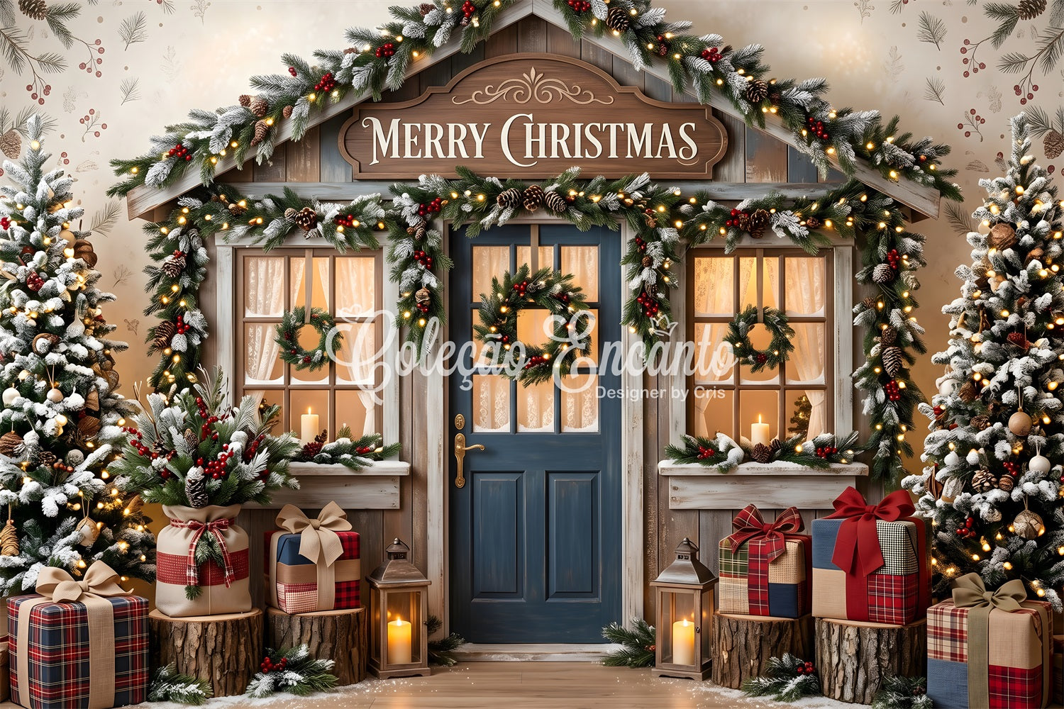 Toile de fond de boutique de Noël avec porte bleue rustique et couronne CEM65-209