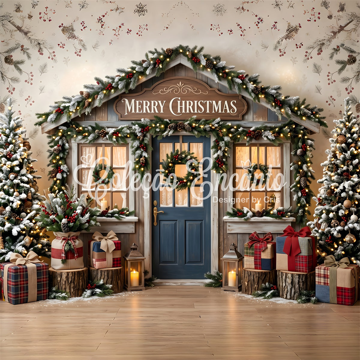Toile de fond de boutique de Noël avec porte bleue rustique et couronne CEM65-209