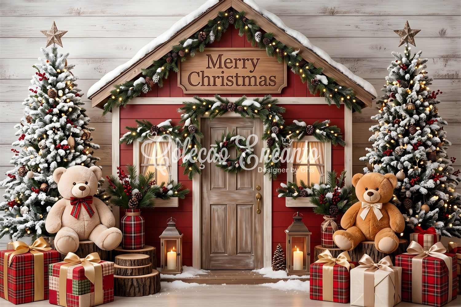 Toile de fond Joyeux Noël avec maison rouge enneigée et ours pour photomaton CEM65-210