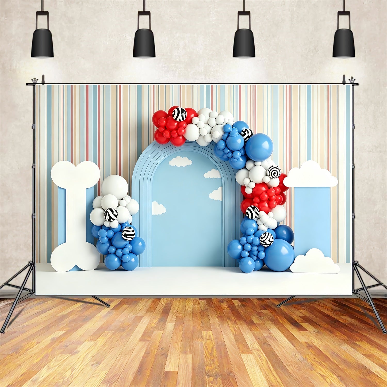 Toile de fond photo pour enfant avec chiot os nuages et arche de ballons CEM65-213