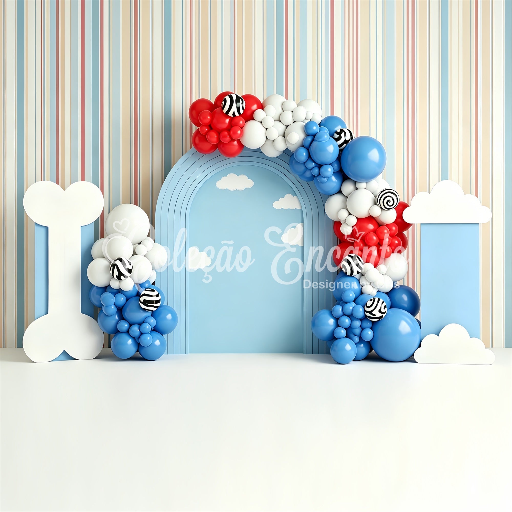 Toile de fond photo pour enfant avec chiot os nuages et arche de ballons CEM65-213