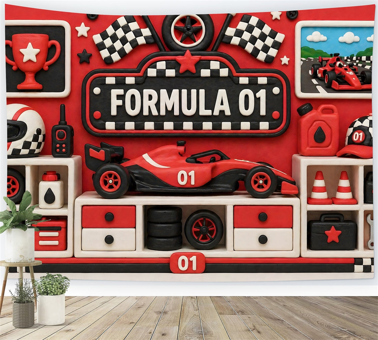 Toile de fond photo pour enfant avec formule de course rouge trophée et mur de garage CEM65-23