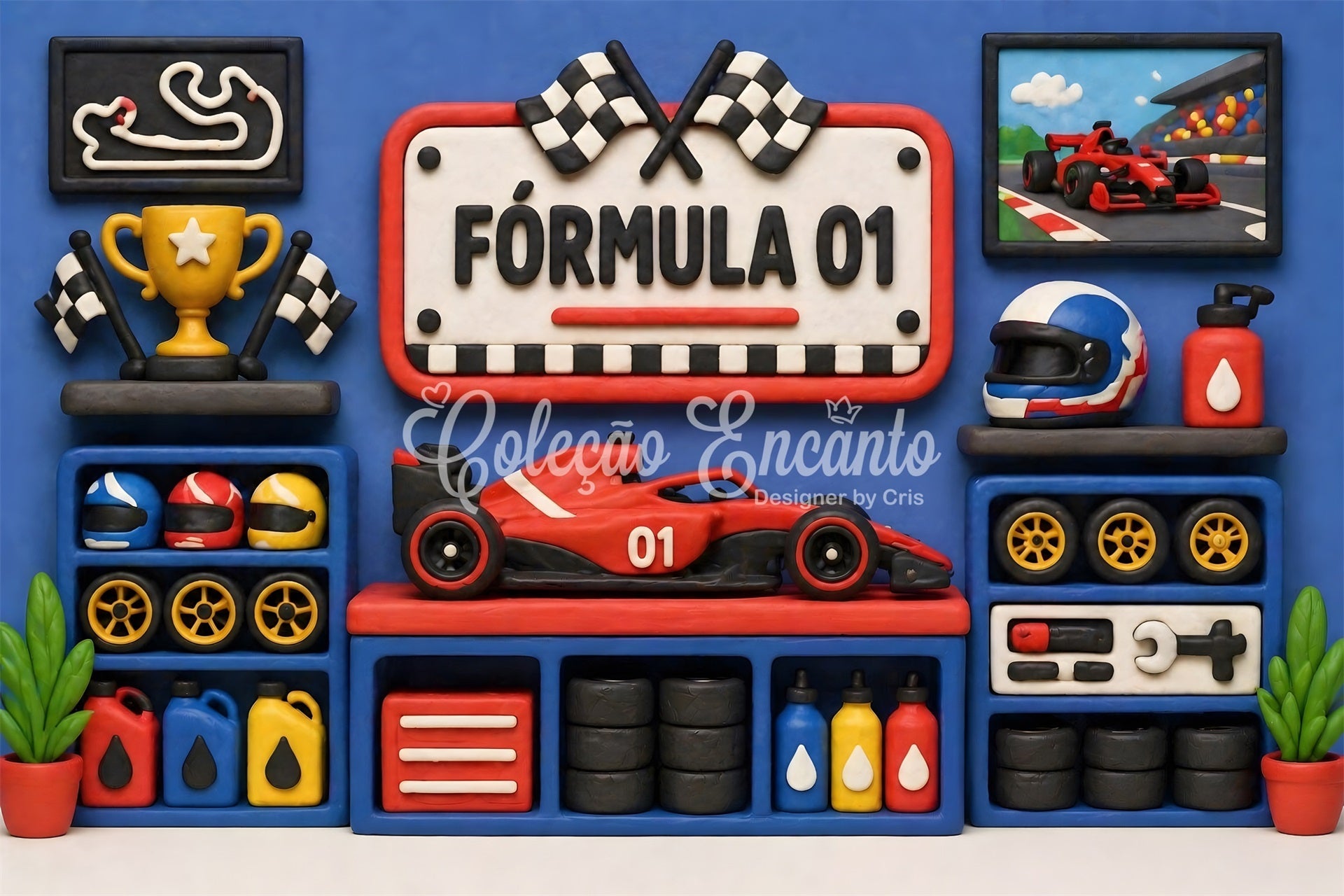 Toile de fond en tissu pour enfant avec garage de course bleu et trophée CEM65-27