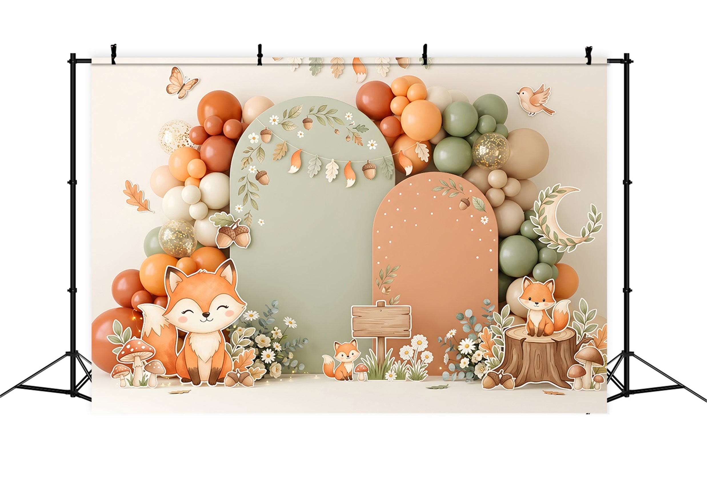 Toile de fond photo pour enfant avec renard d’automne forêt et arche de ballons CEM65-28