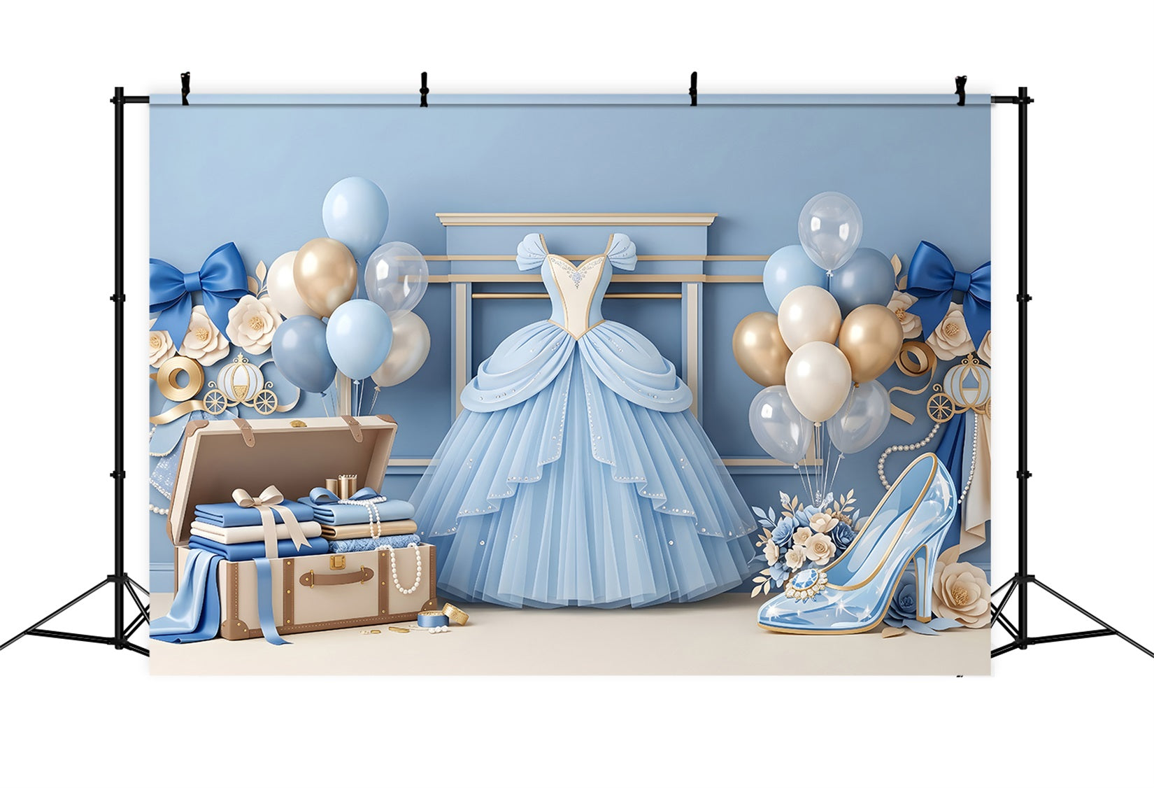 Toile de fond photo pour enfant avec robe de princesse bleue et ballons CEM65-3