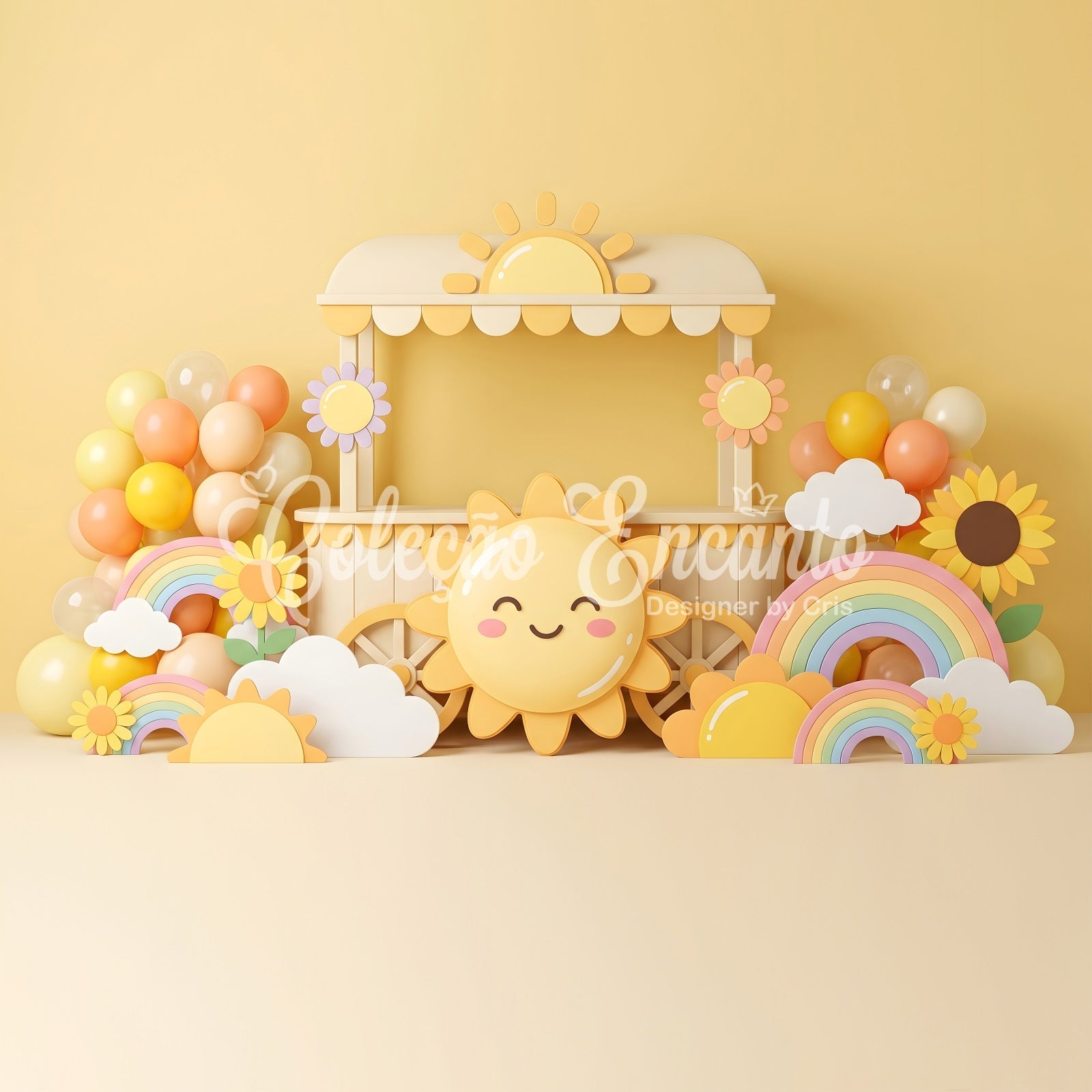 Toile de fond pour nouveau-né avec soleil arc-en-ciel ballons et chariot CEM65-31